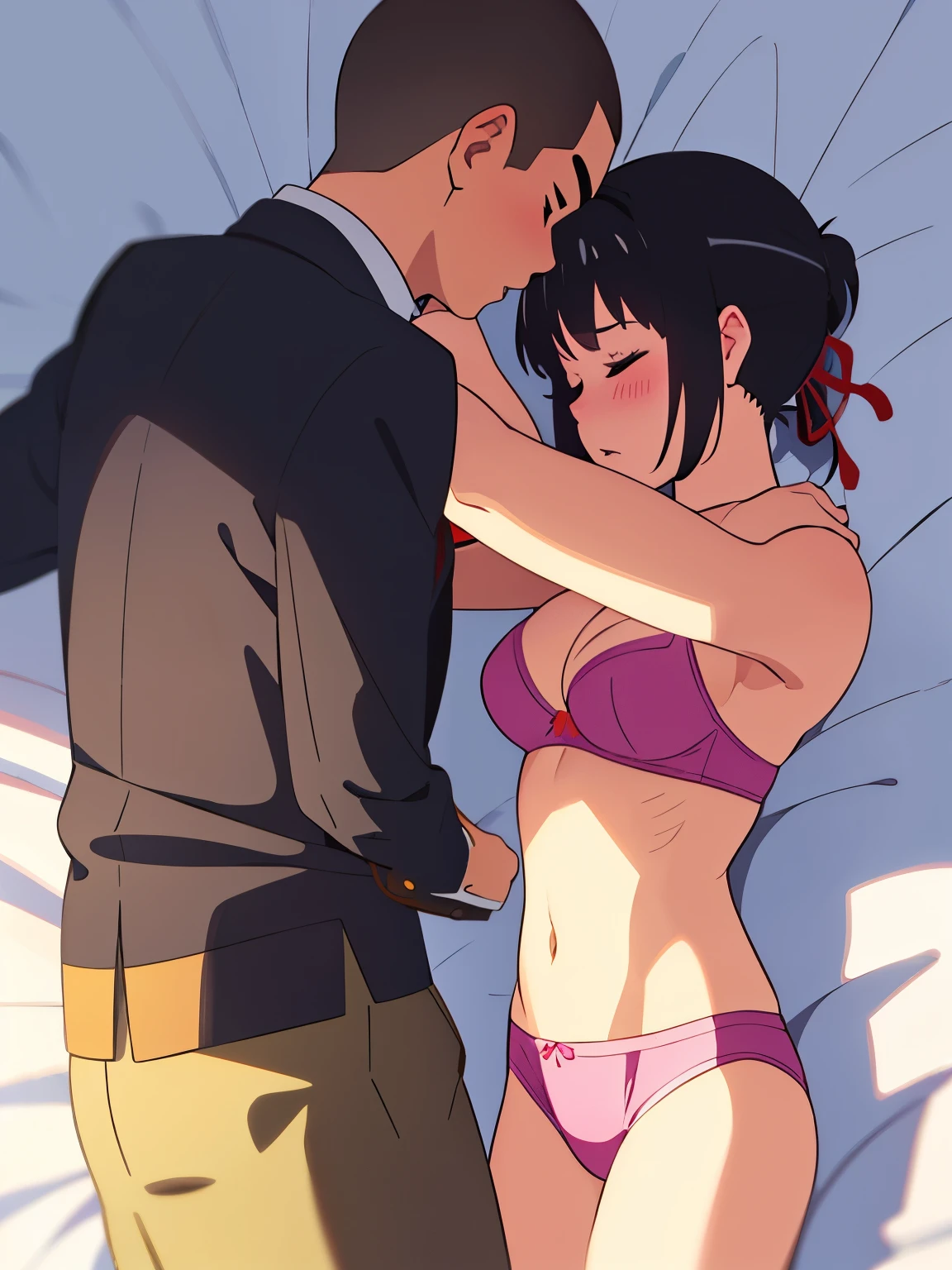 shinkai makoto, kimi no na wa., 1boy, buzzcut, blush, muscular, topless, gray pants, open arms for viewer, hug, buzzcut boy_on_top, lying, closed eyes, 1girl, bangs, black hair, small ponytail with red ribbon, short hair, bedsheet, blush, breasts, medium breast, closed eyes, red bow, short hair, white long sleeve shirt, open shirt, unbuttoned, navel, off shoulder, undressing, pink bra, pink panties, medium breast, parted lips, cowboy shot, groin, lying, medium breasts, on back, face to face, passionate hug, kiss, girl_on_below