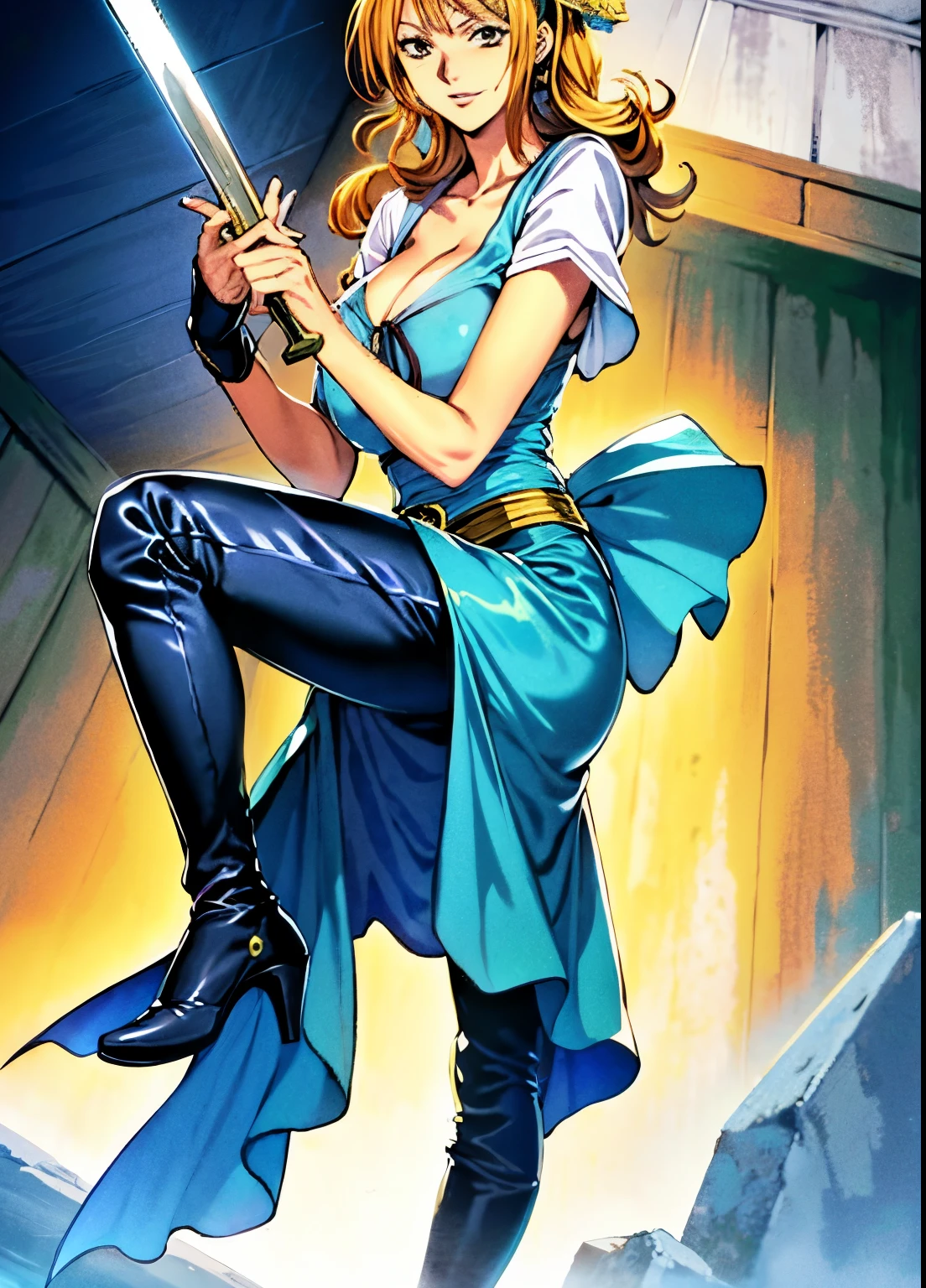 a woman in a blue dress holding a sword and a gold helmet, from one piece, inspired by Eiichiro Oda, nami one piece, by Eiichiro Oda, nami from one piece, eiichiro oda style, she is holding a sword, full color manga cover, digitally colored, nami, color spread, coloured manga scan, official art