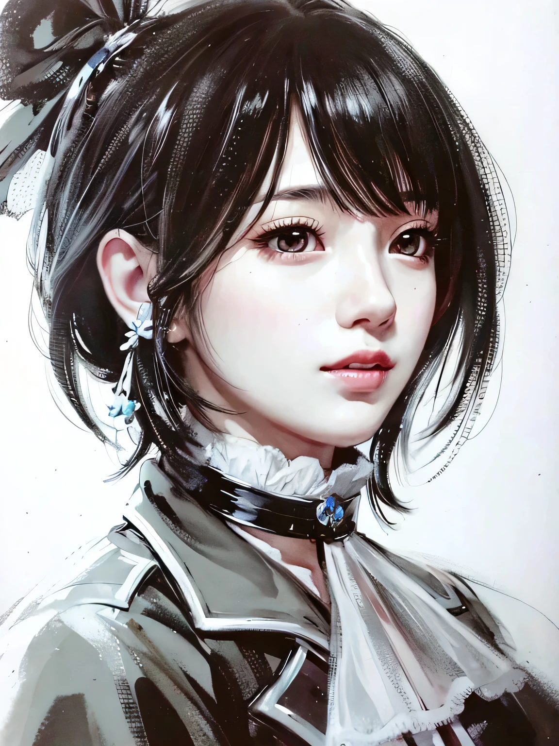 dessin d&#39;une femme avec un noeud papillon et un haut-de-forme, Portrait détaillé de la fille d&#39;Anime, Japanese Anime artist designed, hyper realistic Anime, Dessin manga hyper détaillé, Portrait animé de Shiina Ringo, stunning Anime face portrait, Portrait de fille d’anime, par Shinoda Shop, Masayoshi Suto et Artgerm, Le réalisme du&#39;Anime, Beau portrait d&#39;Anime, petit béret militaire, yeux mi-clos