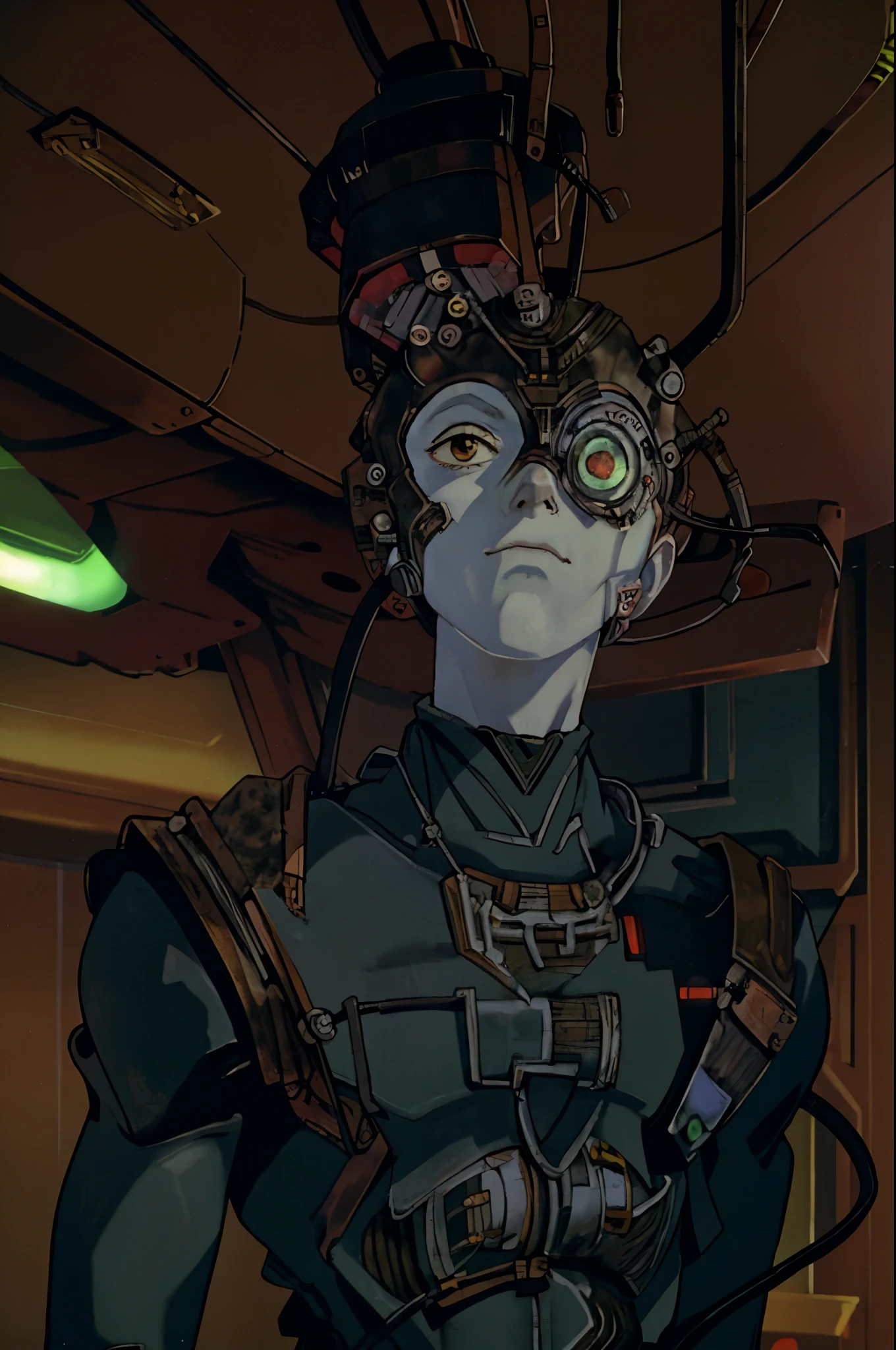 evangelion anime style  borg cyborg bald gray skin veins metal armor cable eyepatch in a room with green lights and alcoves beaming lights deadpan expression