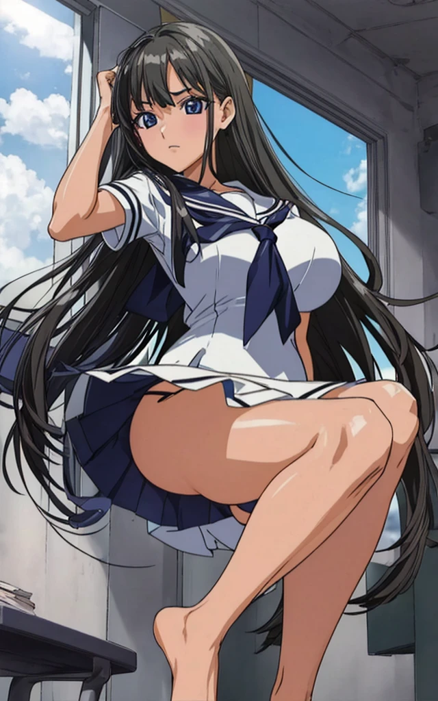 A beautiful woman with long black hair, big breasts, beautiful legs, and a sharp face is wearing a sailor suit with a white miniskirt, showing off her light blue and blue panties and standing with her legs spread apart in a school classroom.。