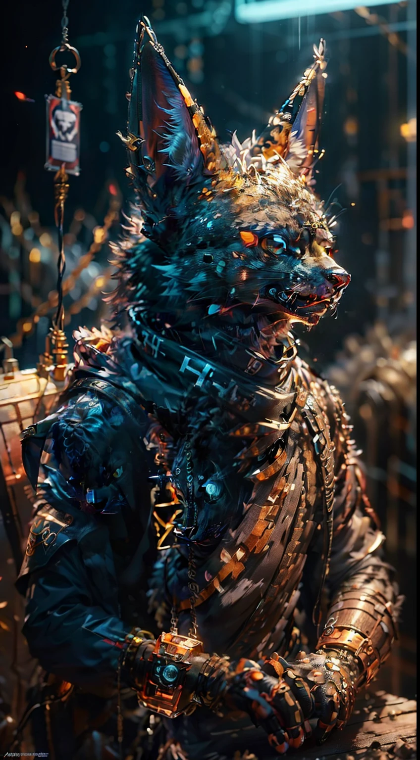Ein Scifi-Gott-Schakal , hight resolution , On the obverse, a black and gold male furry anthro jackal, ein anubischer gott, ein Schakal, eine Acrador Mindmachine mit einem fantasy schwert und roten Augen , Hintergrund : Neonlighs und Scifi Hanger mit Raumschiffen , Red banners on the walls