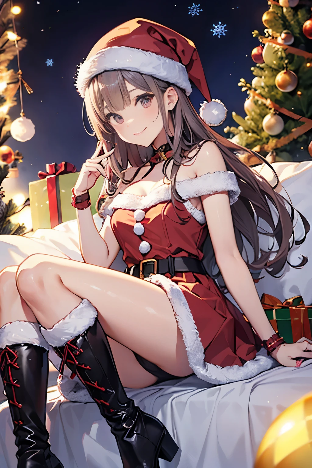top-quality、Full limbs、complete fingers、Slender beauty、ssmile、knee high、Wear long boots、Christmas 、Sexy Santa、Too much skin exposure、PINK Underwear、Party Venue