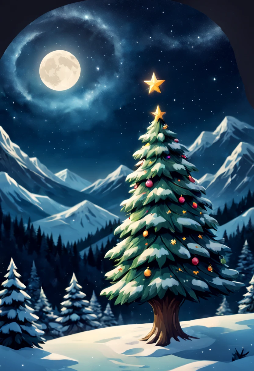 a sticker,a christmas tree, Winter night sky background,