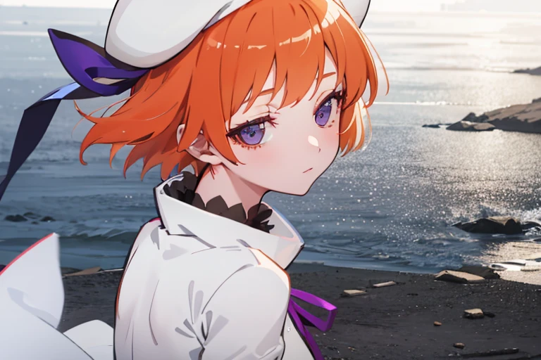 1girl in，White dress，White beret，Blue eyes，Alone，short head hair，Orange hair，Purple ribbon