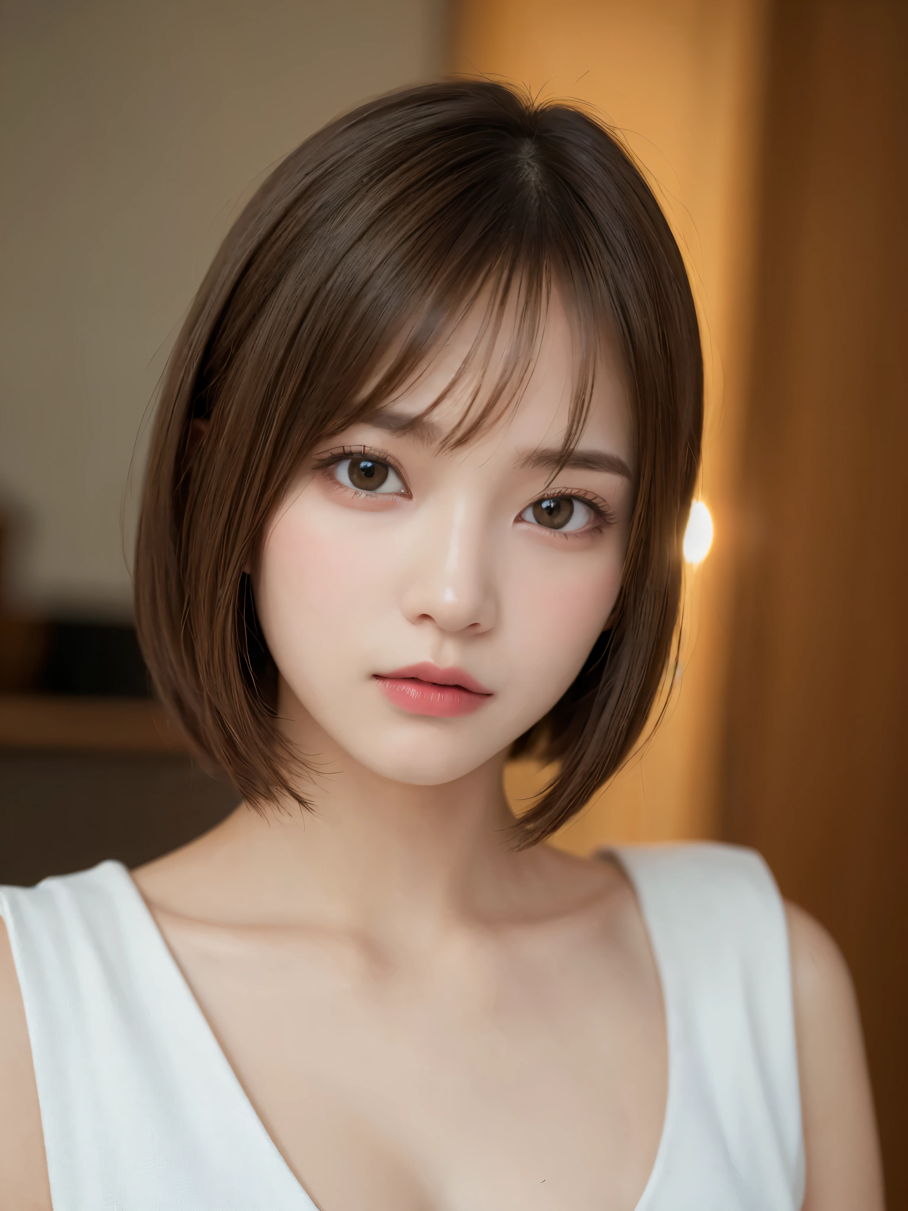 ((NSFW))、(masterpiece:1.5)、(8K)、(Photorealsitic:1.5)、Raw photography、(Top image quality:1.4)、(foco nítido:1.5)、 top-quality、masterpiece、超A high resolution、Photograph the whole body、Perfect dynamic composition、 20 years old、slender、Unwind in the living room、prety woman:1.4、serious facial expression、 Wearing a white leotard、 light brown hair、bob cuts、Glowing hair、 Super Detail Face、A detailed eye、二重まぶた、 Natural Color Lip、Transparent skin、