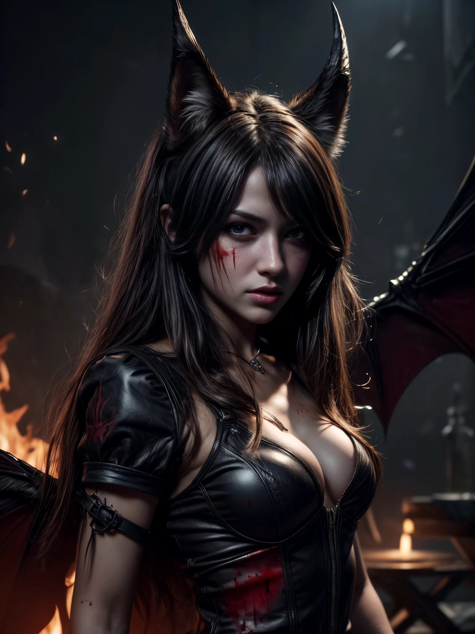 (best quality, highres, ultra-detailed:1.2), (realistic, photorealistic, photo-realistic:1.37), devil girl with bat wings, blood splatters everywhere, blurred fire background, smoked atmosphere, devil girl with wolf as a pet, fluffy wolf animal as pet, full night view, semi-realistic, rendered by Nvidia RTX