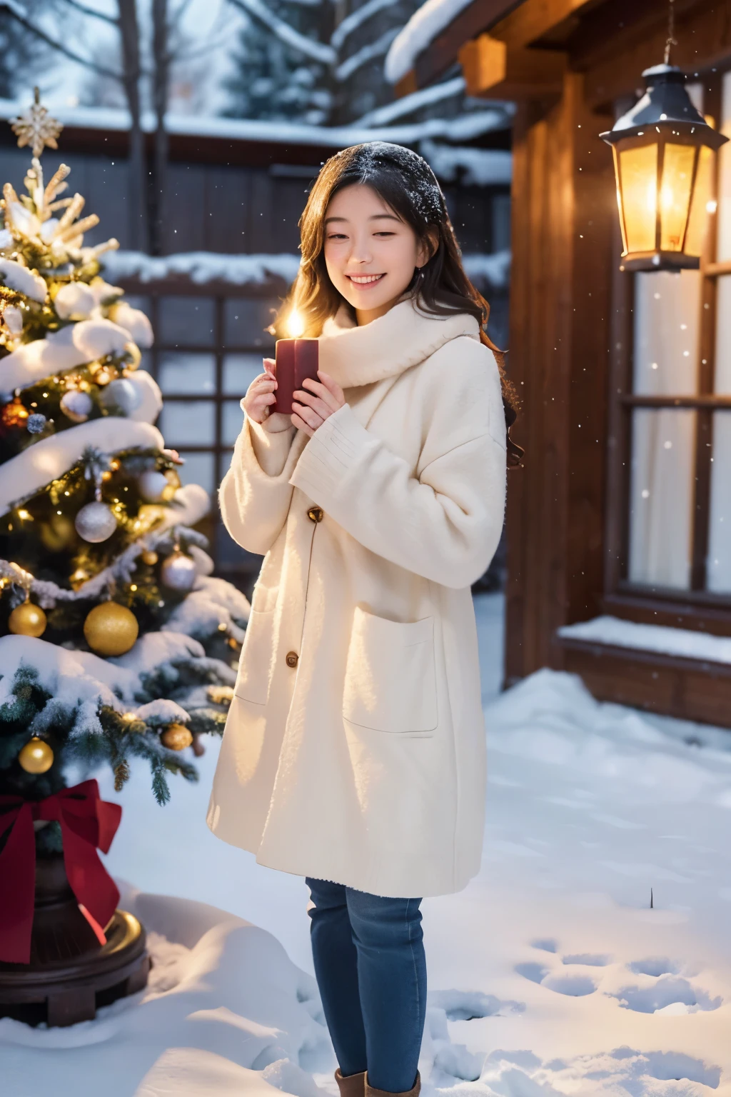 A girl stands in front of a beautifully decorated Christmas tree. The tree is adorned with colorful ornaments and twinkling lights. The girl is wearing a cozy sweater, and she has a bright smile on her face as she looks at the tree with delight. Outside the window, snowflakes gently fall, creating a serene and magical atmosphere. The girl holds a lantern in her hand, adding a warm glow to the scene. The lantern is intricately designed and has a festive holiday theme. The light from the lantern casts soft shadows on the snow-covered ground. The overall image is of high quality, with rich details and vibrant colors. It has a realistic and photorealistic style, capturing the beauty of the Christmas season. The colors are warm and inviting, with a touch of nostalgia. The lighting is soft and diffused, creating a gentle ambiance. The falling snow adds a sense of tranquility and adds to the festive atmosphere. This prompt ensures the best quality outcome, with ultra-detailed elements and a focus on every aspect of the scene.