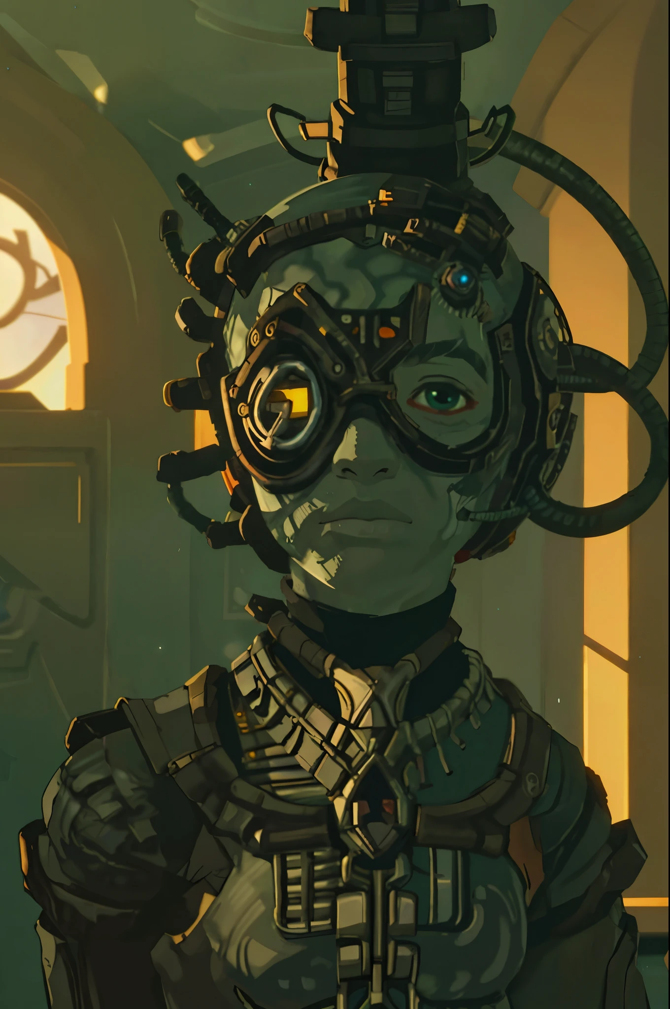 botw style  borg cyborg bald gray skin veins metal armor cable eyepatch in a room with green lights and alcoves beaming lights deadpan expression