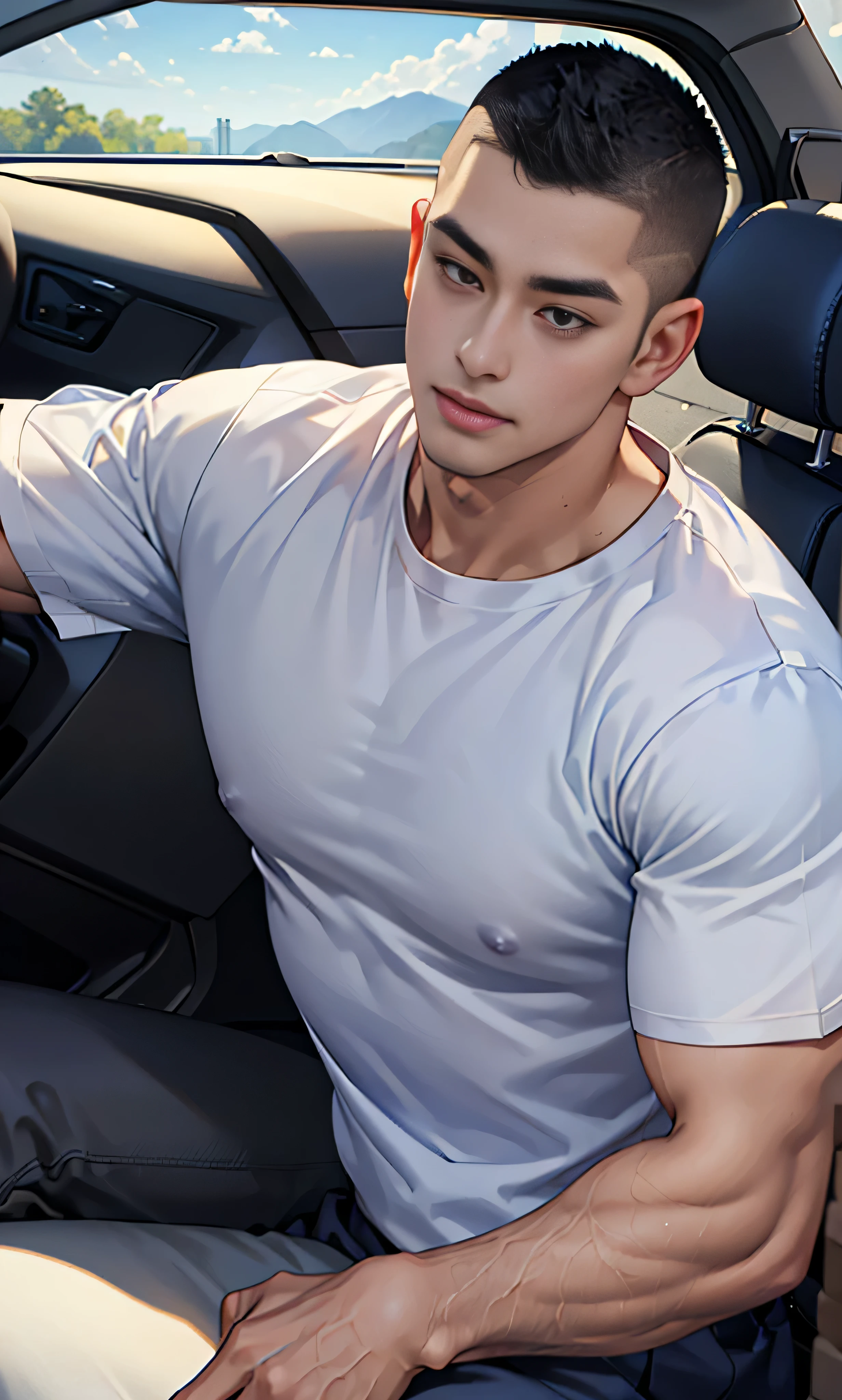 (masterpiece: 1.2), (CGI Art:1.3), (Realistic:1.5), (Post Processing:1.3), (crisp focus:1.3), (1 man : 1.6), 1 man at the wheel, (Skinhead Hairstyles'Crew Cut Hairstyle: 1.3 ), Skinheads have haircuts..., Black Hair, Short hair details, smile, (สวมเสื้อเชิ้ตRound neck.., tights, Round neck, Short sleeve shirt, เสื้อเชิ้ตRound neckสีกรมท่า), (เสื้อเชิ้ตRound neckสีกรมท่า: 1.3), Navy Cargo Pants, Young Korean , Korean Men, (High shadow detail), Big muscles, Wide shoulders, Big Arms. looking at the audience, balance eyes, (drive: 1.3), in a BMW , (การdrive: 1.3)