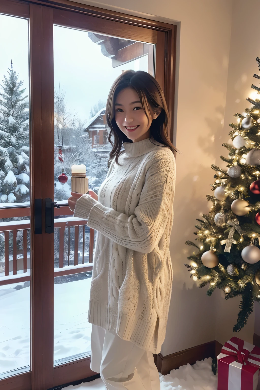 A girl stands in front of a beautifully decorated Christmas tree. The tree is adorned with colorful ornaments and twinkling lights. The girl is wearing a cozy sweater, and she has a bright smile on her face as she looks at the tree with delight. Outside the window, snowflakes gently fall, creating a serene and magical atmosphere. The girl holds a lantern in her hand, adding a warm glow to the scene. The lantern is intricately designed and has a festive holiday theme. The light from the lantern casts soft shadows on the snow-covered ground. The overall image is of high quality, with rich details and vibrant colors. It has a realistic and photorealistic style, capturing the beauty of the Christmas season. The colors are warm and inviting, with a touch of nostalgia. The lighting is soft and diffused, creating a gentle ambiance. The falling snow adds a sense of tranquility and adds to the festive atmosphere. This prompt ensures the best quality outcome, with ultra-detailed elements and a focus on every aspect of the scene.