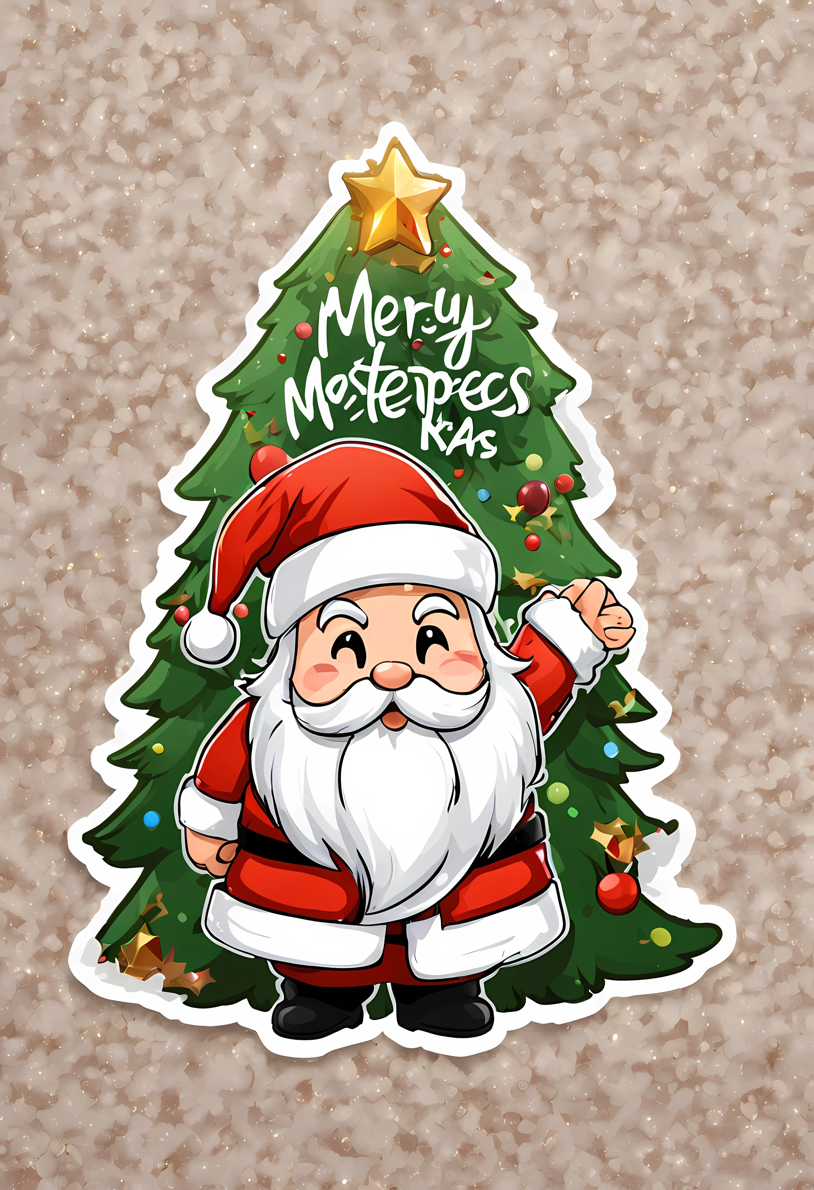 (Sticker), text that say "MERRY XMAS". (masterpiece: 1.2), (best quality), santa claus head chibi and xmas tree stickers, white detailed background, japanese vibes