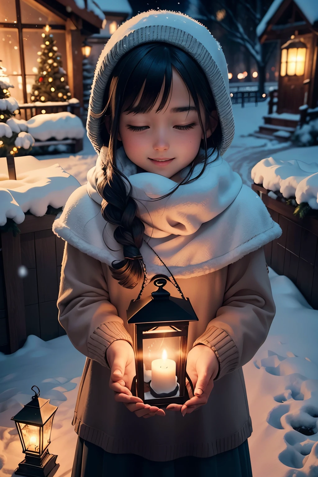 A girl stands in front of a beautifully decorated Christmas tree. The tree is adorned with colorful ornaments and twinkling lights. The girl is wearing a cozy sweater, and she has a bright smile on her face as she looks at the tree with delight. Outside the window, snowflakes gently fall, creating a serene and magical atmosphere. The girl holds a lantern in her hand, adding a warm glow to the scene. The lantern is intricately designed and has a festive holiday theme. The light from the lantern casts soft shadows on the snow-covered ground. The overall image is of high quality, with rich details and vibrant colors. It has a realistic and photorealistic style, capturing the beauty of the Christmas season. The colors are warm and inviting, with a touch of nostalgia. The lighting is soft and diffused, creating a gentle ambiance. The falling snow adds a sense of tranquility and adds to the festive atmosphere. This prompt ensures the best quality outcome, with ultra-detailed elements and a focus on every aspect of the scene.