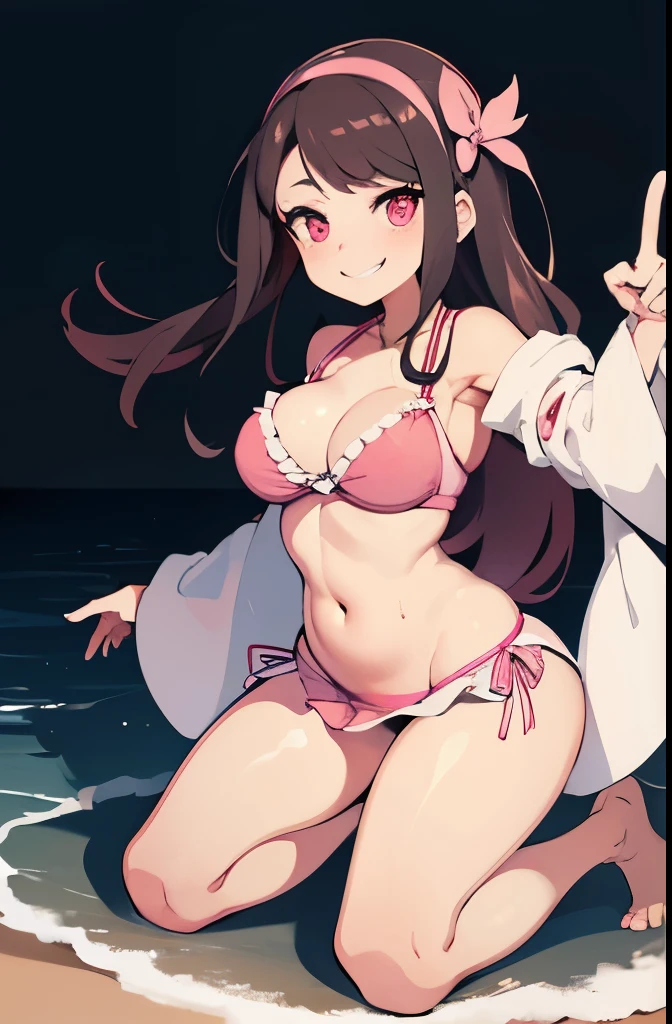 Shadbase, nezuko kamado, nightgown, pink bikini, sunny beach background, smiling, peace sign, huge boobs, pink eyes, full body, hair tie, thick thighs, wet, wide hips