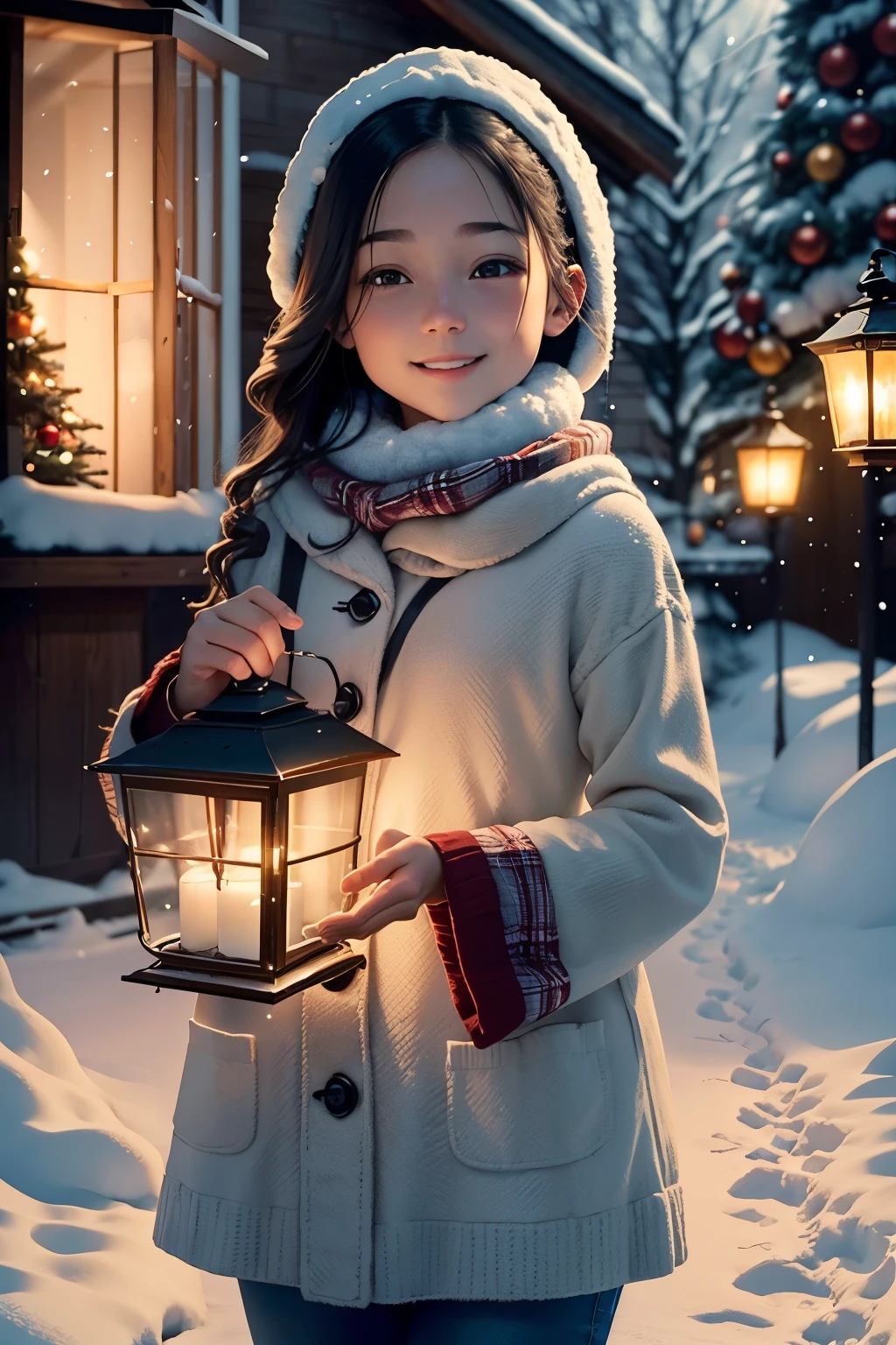A girl stands in front of a beautifully decorated Christmas tree. The tree is adorned with colorful ornaments and twinkling lights. The girl is wearing a cozy sweater, and she has a bright smile on her face as she looks at the tree with delight. Outside the window, snowflakes gently fall, creating a serene and magical atmosphere. The girl holds a lantern in her hand, adding a warm glow to the scene. The lantern is intricately designed and has a festive holiday theme. The light from the lantern casts soft shadows on the snow-covered ground. The overall image is of high quality, with rich details and vibrant colors. It has a realistic and photorealistic style, capturing the beauty of the Christmas season. The colors are warm and inviting, with a touch of nostalgia. The lighting is soft and diffused, creating a gentle ambiance. The falling snow adds a sense of tranquility and adds to the festive atmosphere. This prompt ensures the best quality outcome, with ultra-detailed elements and a focus on every aspect of the scene.