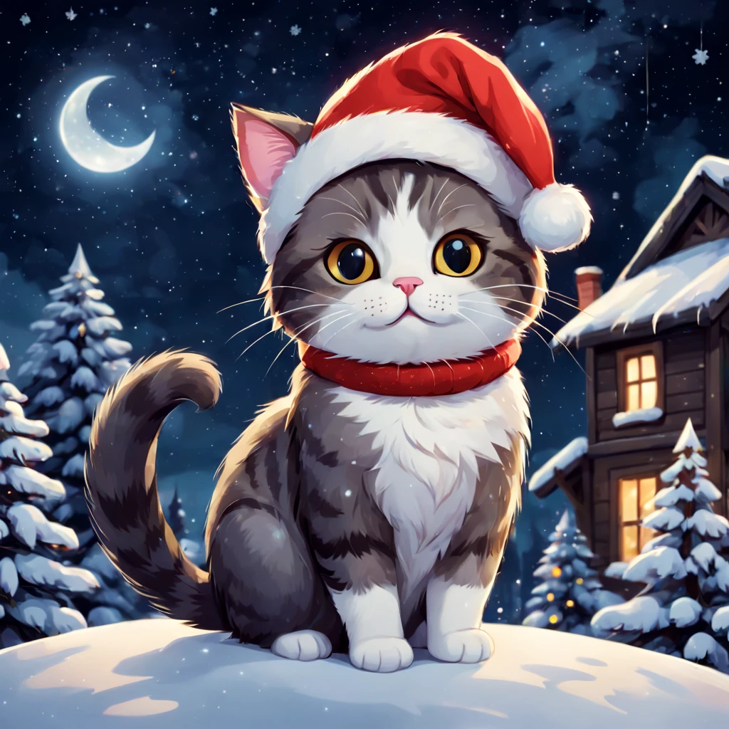 a sticker,a christmas cat, Winter night sky background,