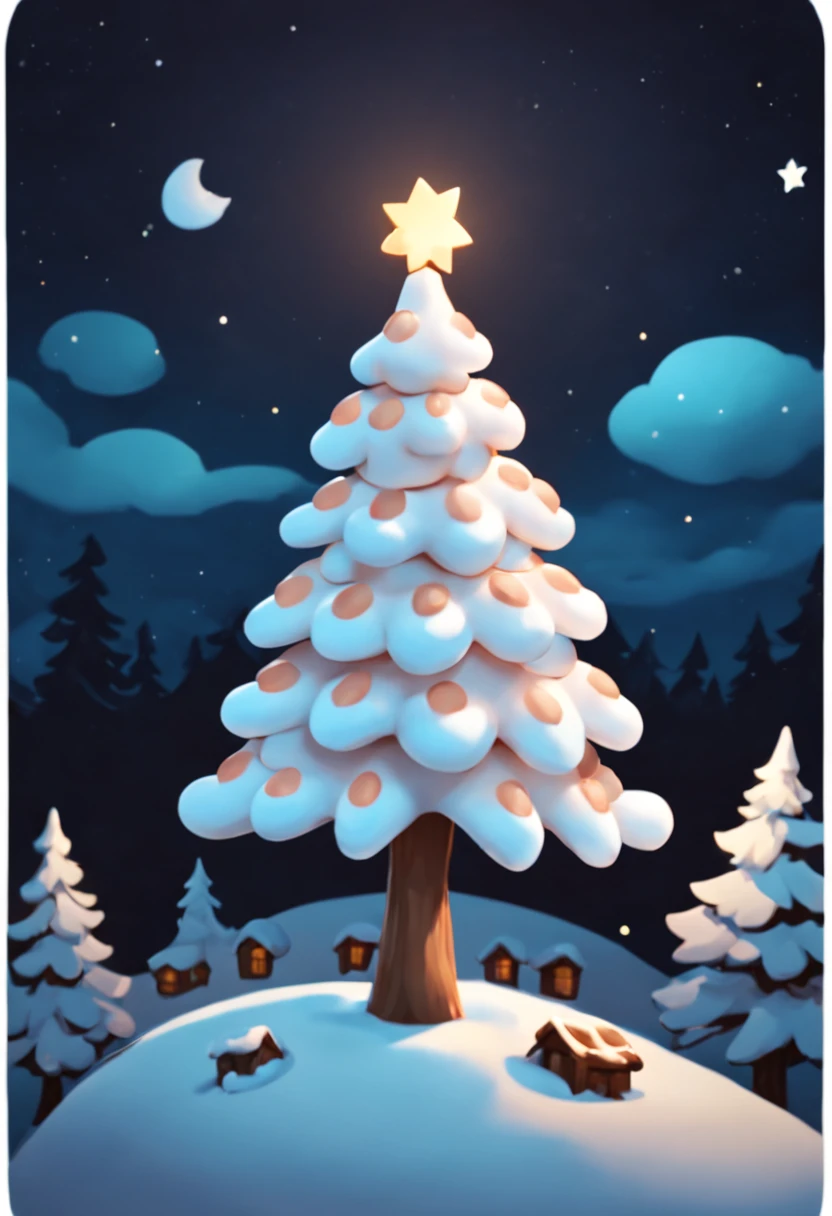 a sticker,A marshmallow Christmas tree, Winter night sky background