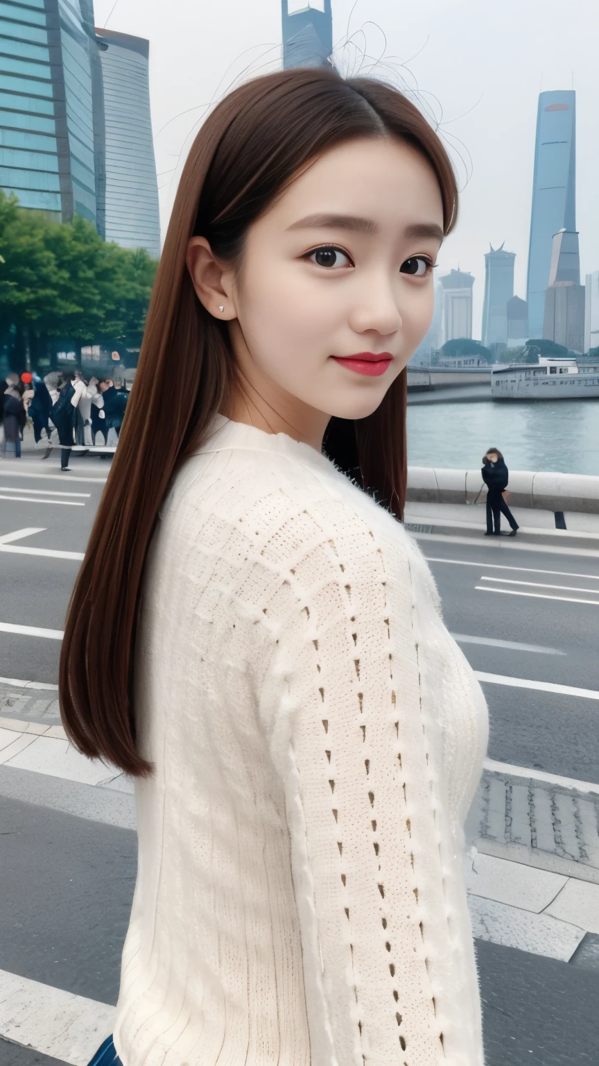 A girl takes a photo on the Bund in Shanghai，Wears short white knit sleeveust。