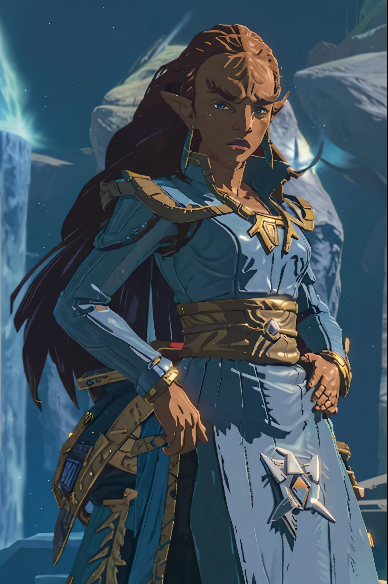 botw style klingon forehead ridge thick eyebrows dark skin leather armor, sash, sci-fi starship background,