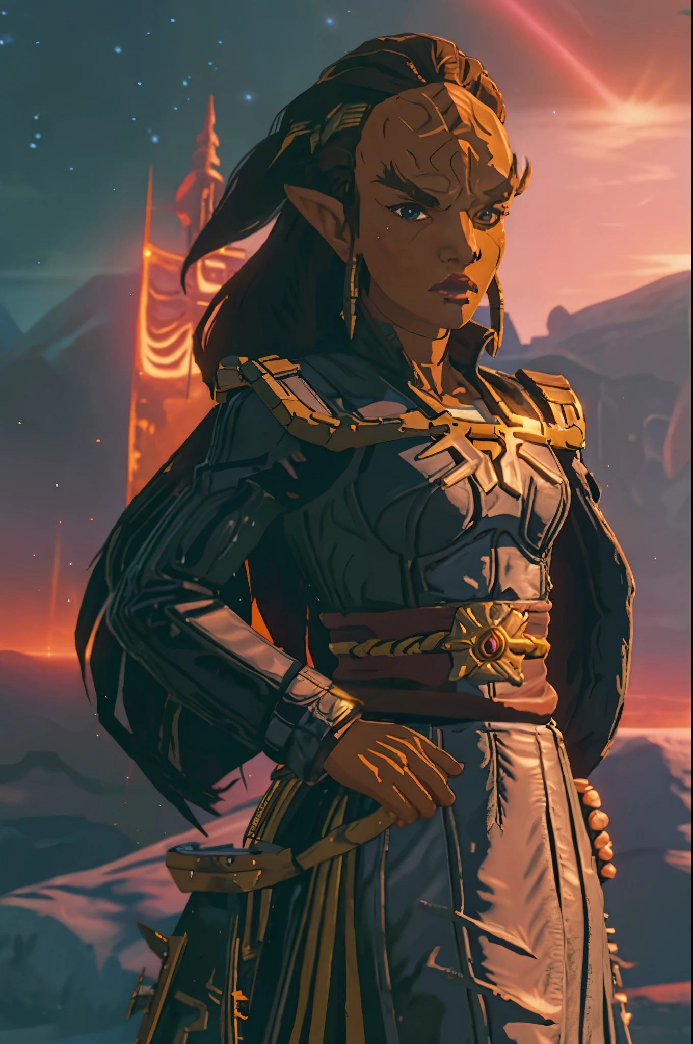 botw style klingon forehead ridge thick eyebrows dark skin leather armor, sash, sci-fi starship background,