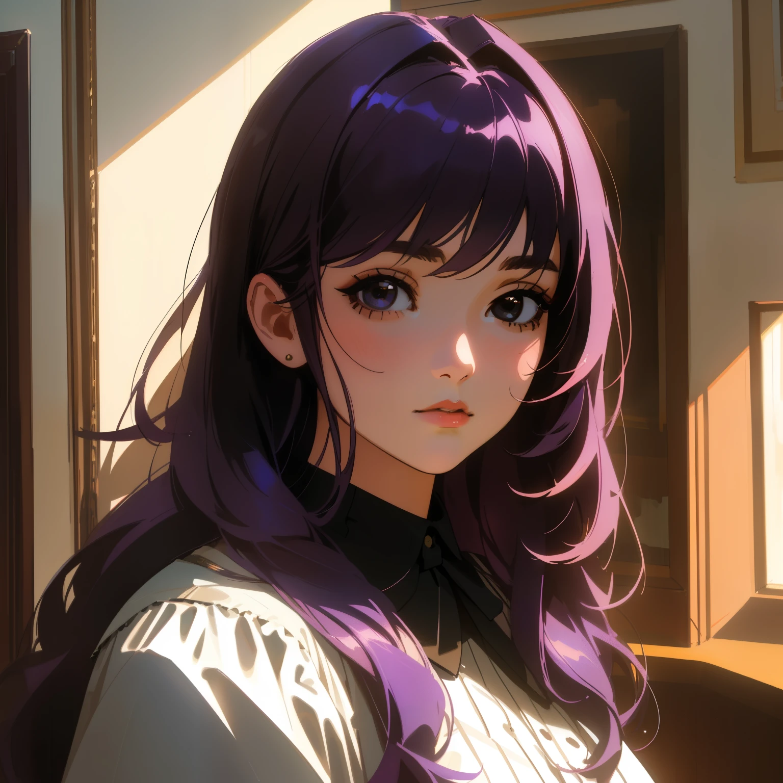 Generate an image of a young British girl with long purple hair and black eyes. (Portrait, Semi-Realistic Style, Indoor Setting, Natural Lighting, Medium Quality, Subtle Noise, Cool Colors, Realistic Brushwork, DeviantArt Influence, Vintage Clothing, Macro Lens)