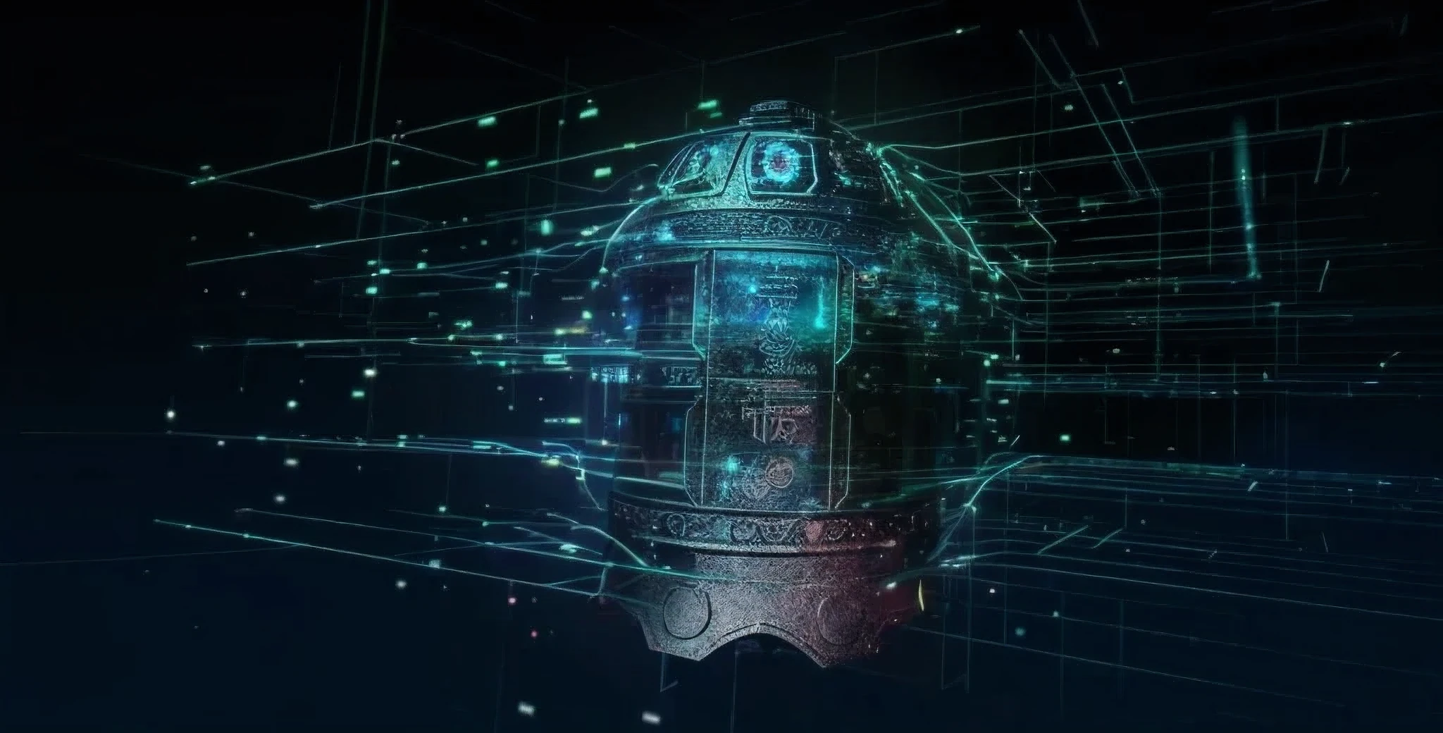 有一个警bell,bell,警bell,There are a lot of lights on it, Super detailed SCP artifact jar, cyber background, cyberpunk artifacts, cybernetic wallpaper, In a hologram of alien artifacts, large cyberarrays data holograms, the encrypted metaverse, Digital greeting background, cyberpunk jellyfish, Cybernetics Mecca, Holographic products, cypherpunk background