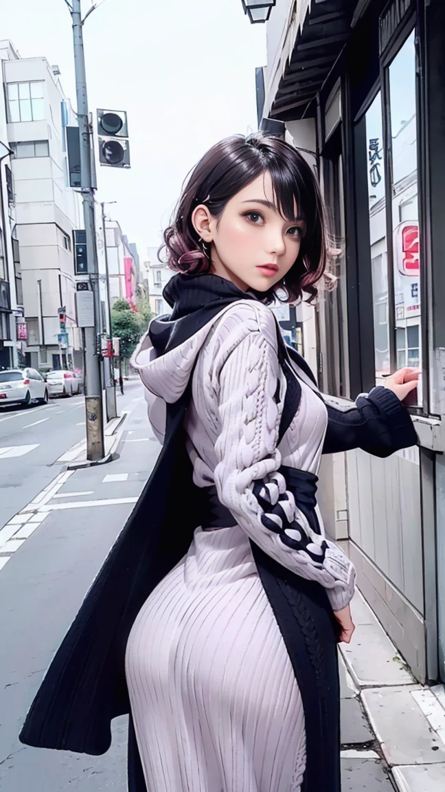 Winter in Japan, natural perm bob, (Blonde with pink inner color), She has beautiful sparkling purple eye color, masterpiece, Best Quality,(Photorealistic: 1.4),Ultra High Resolution, unity 8k, (Beautiful detailed eyes:1.6),Symmetrical, extra detailed face, Perfect Lighting, (Perfect hands, Perfect Anatomy), (Background in the city:1.3), ((Maxi knit dress and gown coat:1.3))