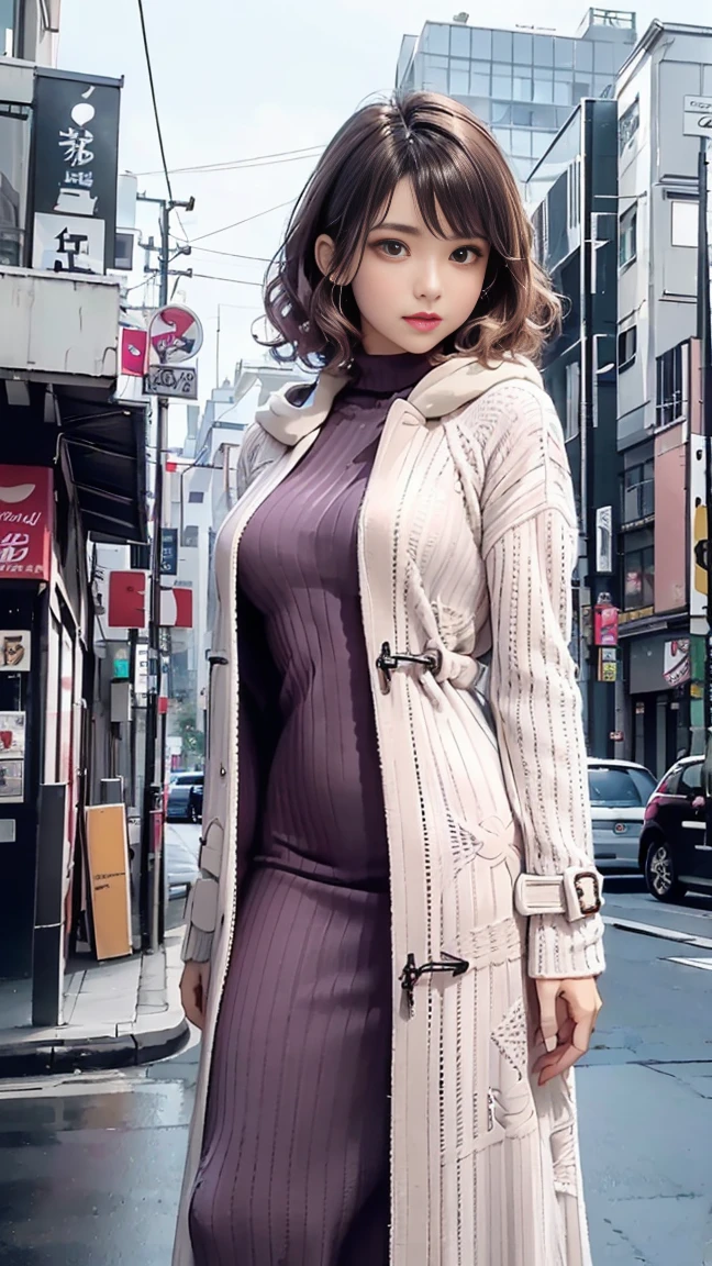 Winter in Japan, natural perm bob, (Blonde with pink inner color), She has beautiful sparkling purple eye color, ​masterpiece, Best Quality,(Photorealistic: 1.4),Ultra High Resolution, unity 8k, (Beautiful detailed eyes:1.6),Symmetrical, extra detailed face, Perfect Lighting, (Perfect hands, Perfect Anatomy), (Background in the city:1.3), ((Maxi knit dress and gown coat:1.3))