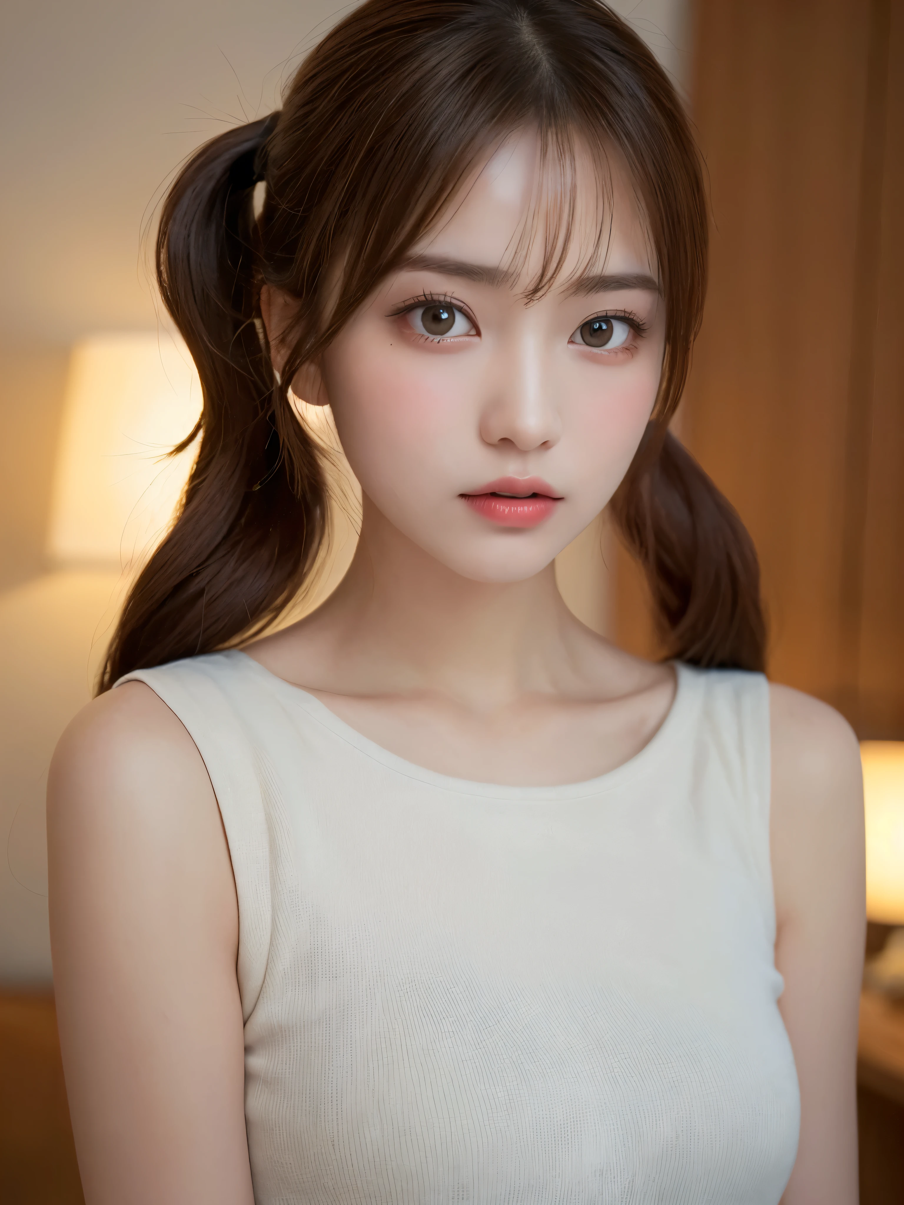 ((NSFW))、(masterpiece:1.5)、(8K)、(Photorealsitic:1.5)、Raw photography、(Top image quality:1.4)、(foco nítido:1.5)、 top-quality、masterpiece、超A high resolution、Perfect dynamic composition、 20 years old、slender、Unwind in the living room、prety woman:1.4、serious facial expression、 Wearing a black leotard、 light brown hair、Hairstyle is Twintails、Glowing hair、 Super Detail Face、A detailed eye、二重まぶた、 Natural Color Lip、Transparent skin、
