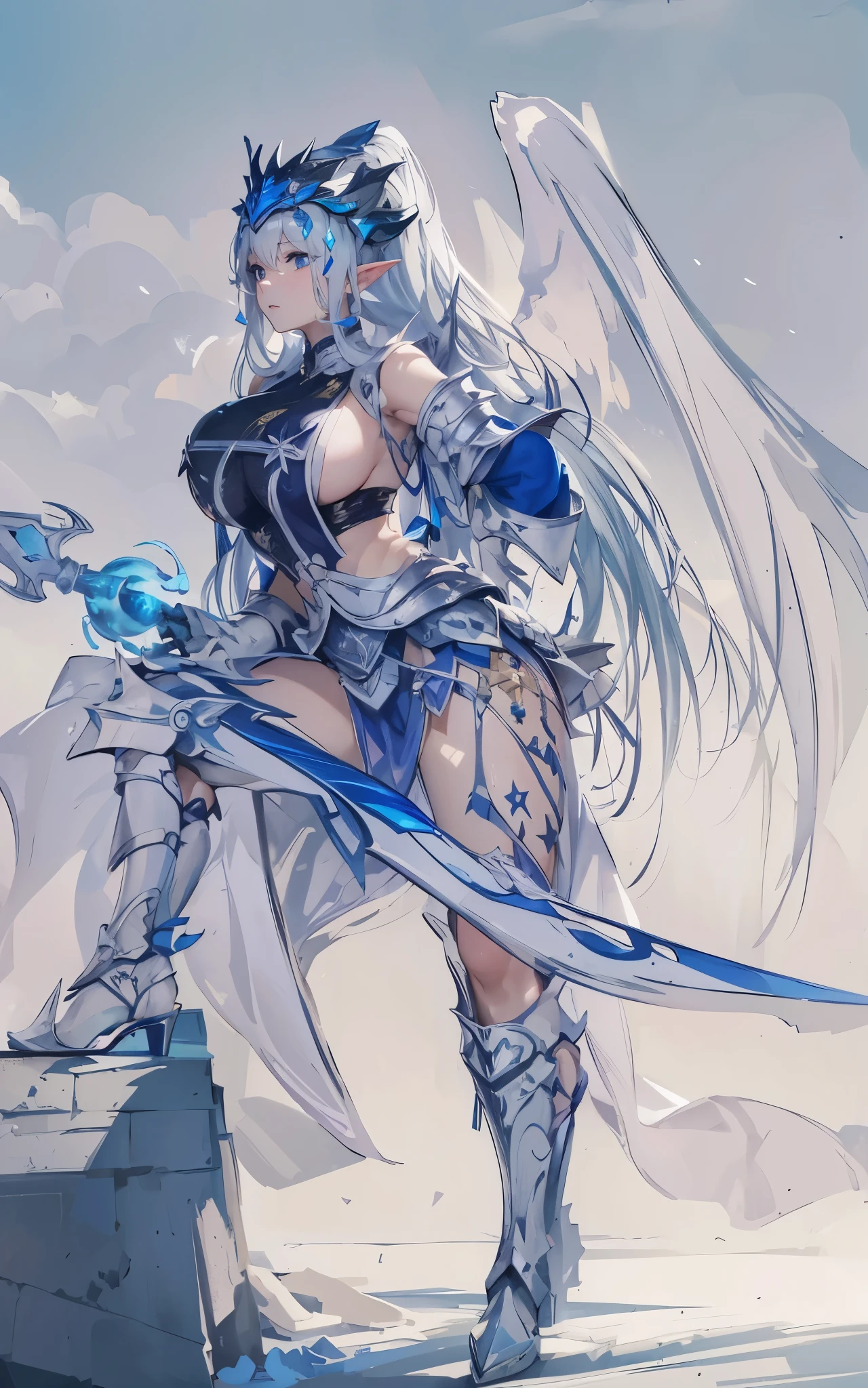 closeup cleavage,beatiful background, The world of dreams, Elf King&#39;Sister,mature face, Long face shape,  spiny helmet, , The demons, humanoid creature, longponytail, Long elven ears,Her skin is very white, White complexion, Clear  eyes, Exquisite silver-blue armor, high heels boots，disheveled black hair, black cloth, 单眼blindfolds, Broken silver blue armor，破旧的high heels boots, To know, blindfolds