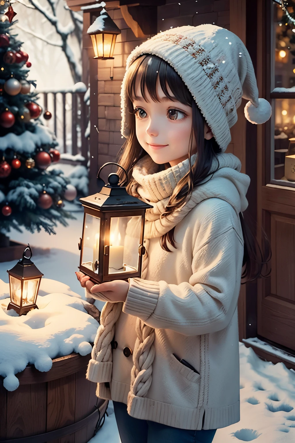 A girl stands in front of a beautifully decorated Christmas tree. The tree is adorned with colorful ornaments and twinkling lights. The girl is wearing a cozy sweater, and she has a bright smile on her face as she looks at the tree with delight. Outside the window, snowflakes gently fall, creating a serene and magical atmosphere. The girl holds a lantern in her hand, adding a warm glow to the scene. The lantern is intricately designed and has a festive holiday theme. The light from the lantern casts soft shadows on the snow-covered ground. The overall image is of high quality, with rich details and vibrant colors. It has a realistic and photorealistic style, capturing the beauty of the Christmas season. The colors are warm and inviting, with a touch of nostalgia. The lighting is soft and diffused, creating a gentle ambiance. The falling snow adds a sense of tranquility and adds to the festive atmosphere. This prompt ensures the best quality outcome, with ultra-detailed elements and a focus on every aspect of the scene.