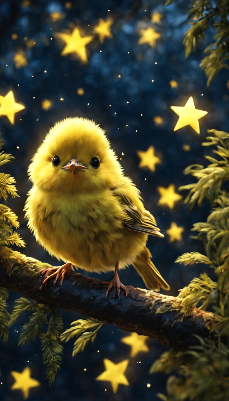 A yellow little bird,in the night forest,Shining brightly,twinkle twinkle little stars,(best quality:1.2), (masterpiece:1.3), 8K,(ultra detailed:1.1)