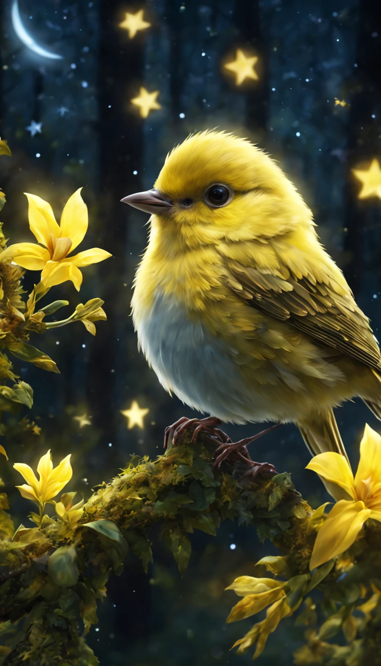 A yellow little bird,in the night forest,Shining brightly,twinkle twinkle little stars,(best quality:1.2), (masterpiece:1.3), 8K,(ultra detailed:1.1)
