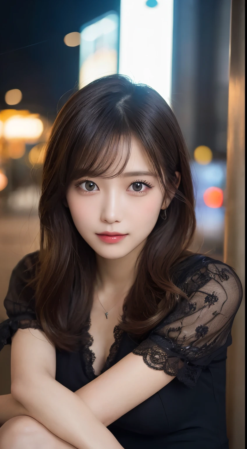 masutepiece, Best Quality, Illustration, Ultra-detailed, finely detail, hight resolution, 8K Wallpaper, Perfect dynamic composition, Beautiful detailed eyes, Winter dress,Medium Hair, Small breasts, Natural Color Lip,Smile,Big city、20 years girl、Midnight、beautifull detailed face、Perfect and beautiful face、slim face and style,Spread your arms wide,Big eyes,Take a photo from below the knees at a face angle