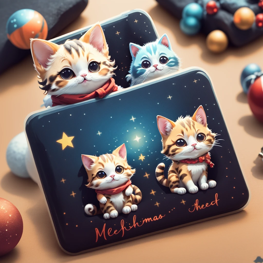 a sticker,a christmas cat, Winter night sky background,