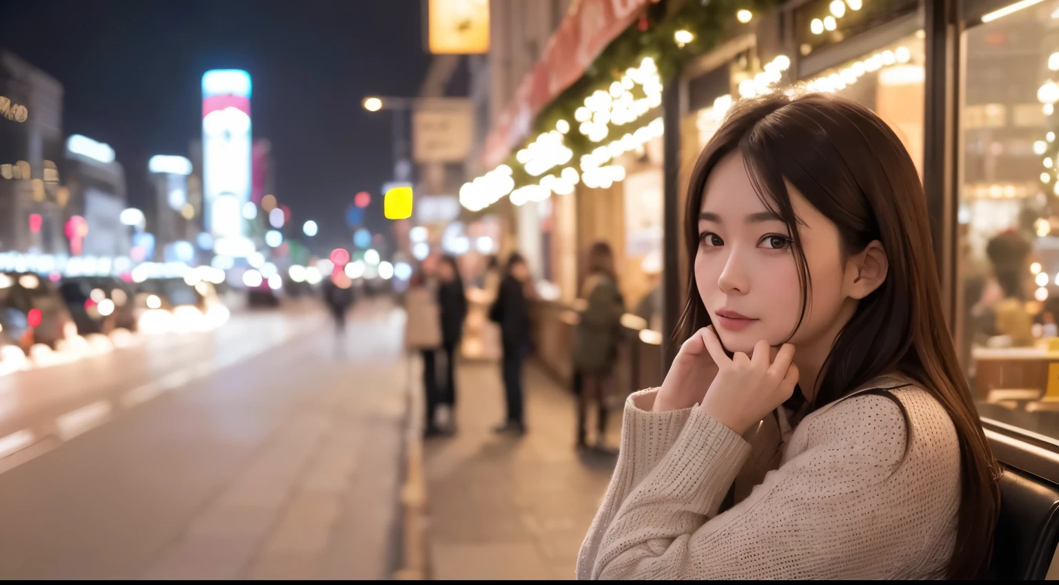 (best quality,4k,8k,highres,masterpiece:1.2), wide-angle city view seen from a cafe window, subway exit scenery, a woman waiting for her lover in the distance, Christmas night, bustling cityscape adorned with Christmas illuminations, numerous cars driving on the roads, a crowded pedestrian sidewalk, shopping street, snowfall.