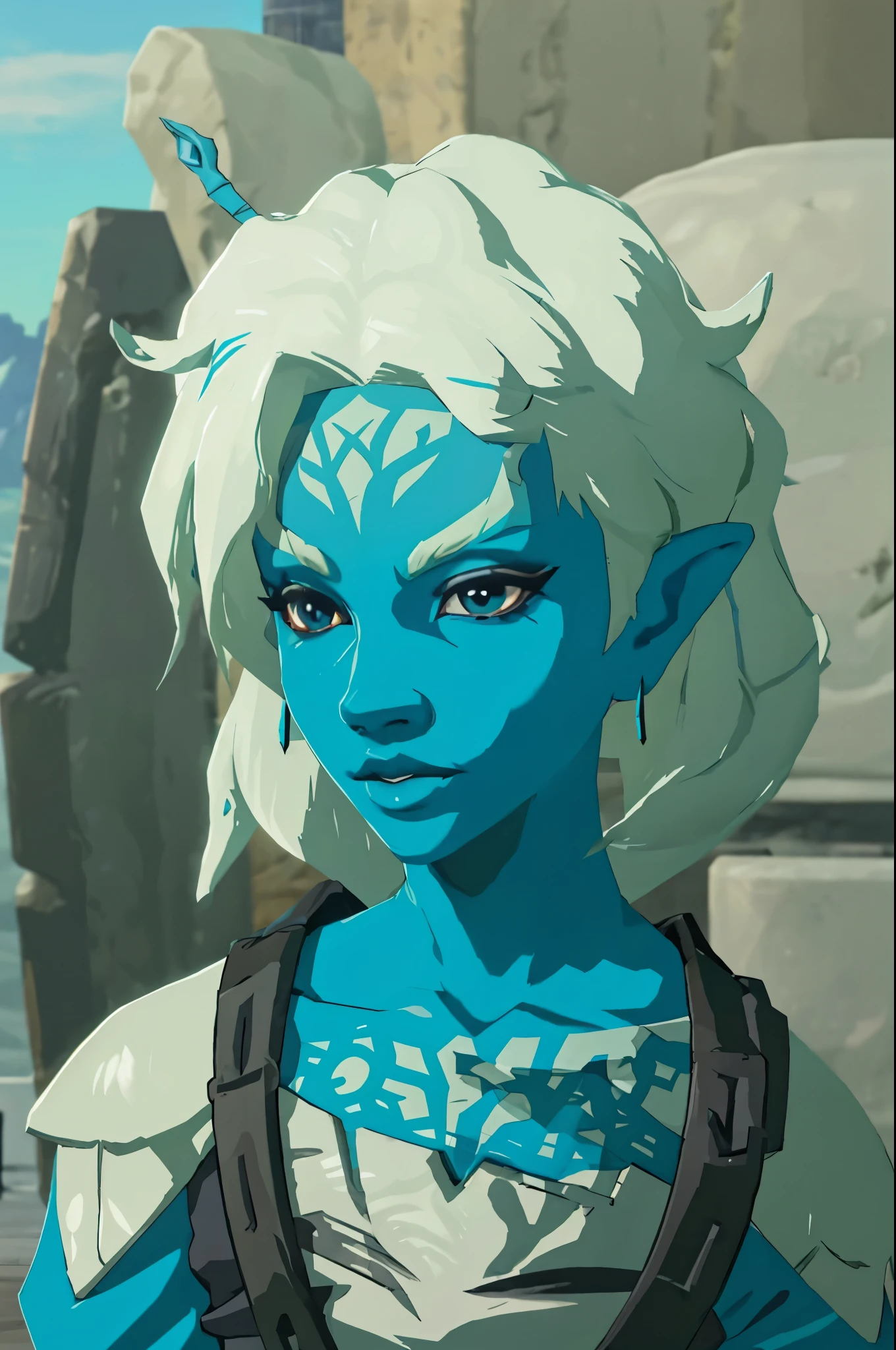 botw style  andorian
blue skin
white hair
antennae
white eyebrows