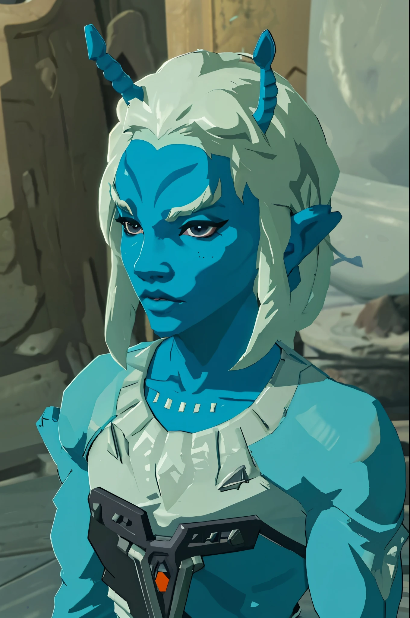 botw style  andorian
blue skin
white hair
antennae
white eyebrows