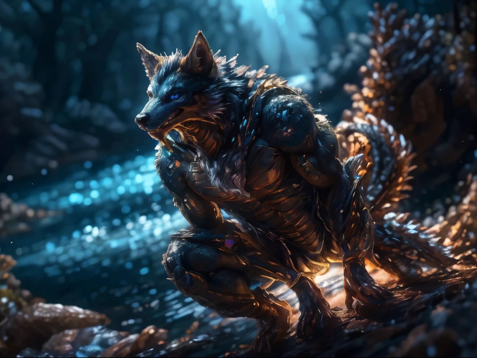 angle of view,Correct anatomy,hairy pubic,hairy pubic,(((coyote),Male,The Arm,Red details on legs and ears,wolf snout,One blue eye and one red,adolable,Black skin,Blue corner,big wolf tail,Dragon wingluffy gray hair)))。Bare body,Black shorts,Sit on your knees,Drink water(In the lan a transparent isolation cabin。Lick,submit to,Extremely detailed art,,flashy colors,Professional photos,Various angles,Detailed landscapes,k hd,shadowing,Dark light,More attractive settings,Ultra 8k,hdr。