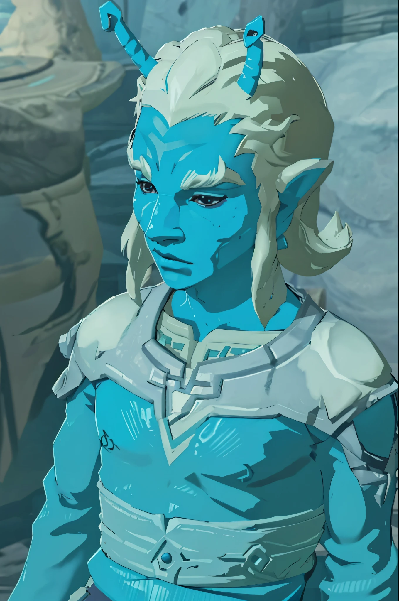 botw style andorian
blue skin
white hair
antennae
white eyebrows
