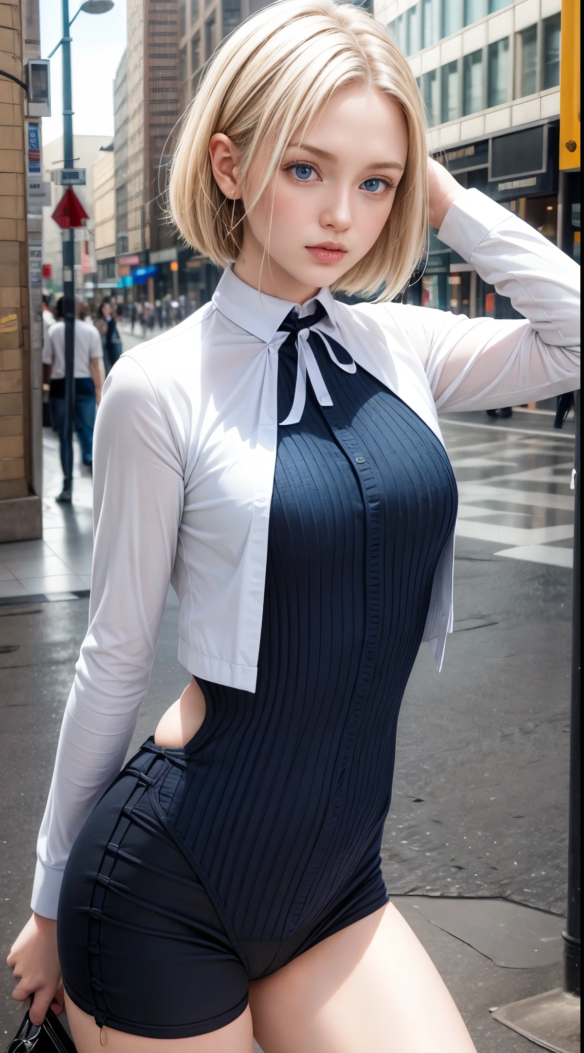 Best quality at best, A high resolution, and18, 1 girl in, Android18, Alone, Blonde hair, eBlue eyes, Short hair details, ear nipple ring, jewely,, open vest, black pantyhoses, did not wear underwear, Striped long sleeves,, medium, cow boy shooting, the street, (scale out: 1.2)