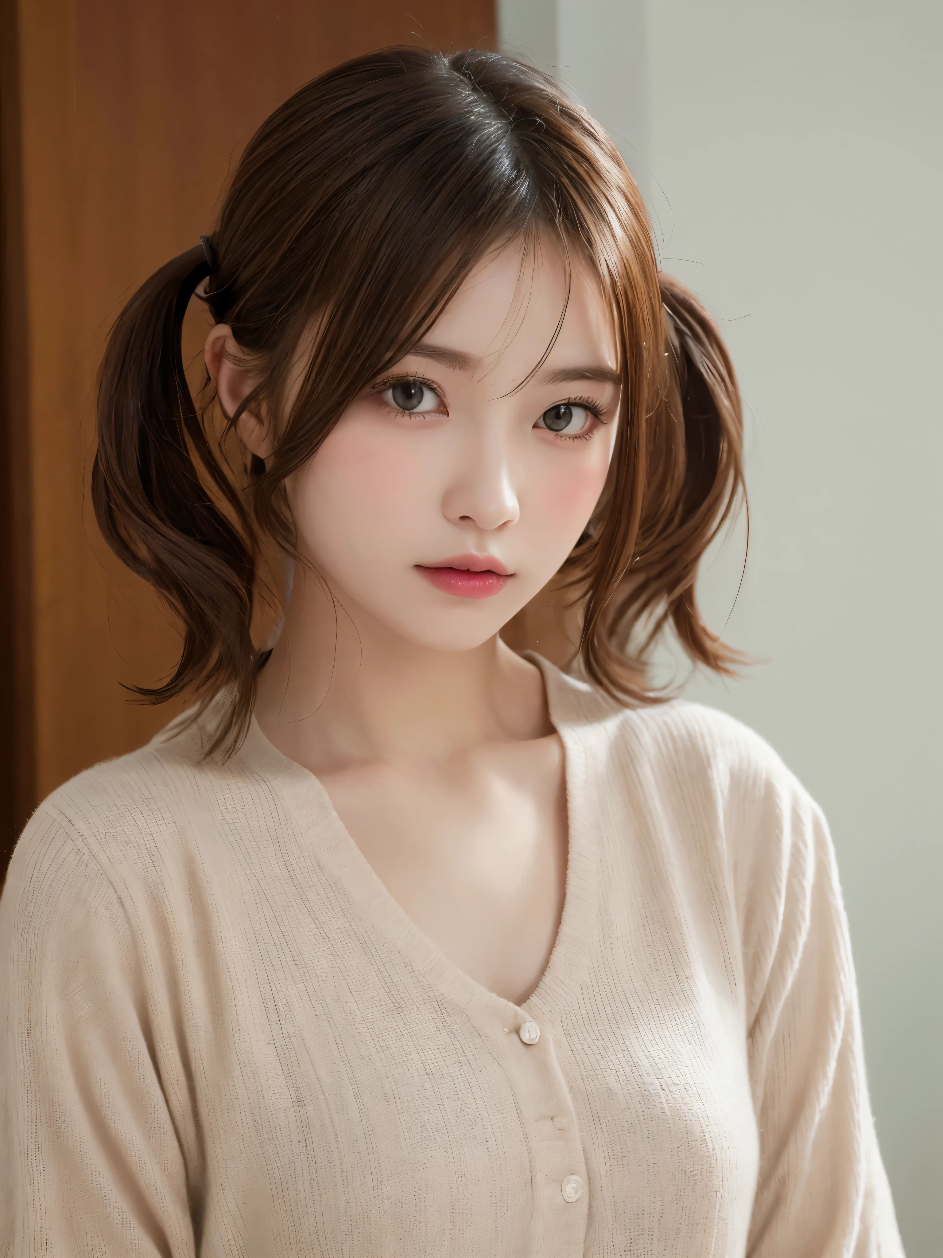 ((NSFW))、(masterpiece:1.5)、(8K)、(Photorealsitic:1.5)、Raw photography、(Top image quality:1.4)、(foco nítido:1.5)、 top-quality、masterpiece、超A high resolution、Photograph the whole body、Perfect dynamic composition、 20 years old、slender、Unwind in the living room、prety woman:1.4、serious facial expression、 Wearing a white knitted dress、 light brown hair、Hairstyle is twin tails、Glowing hair、 Super Detail Face、A detailed eye、二重まぶた、 Natural Color Lip、Transparent skin、