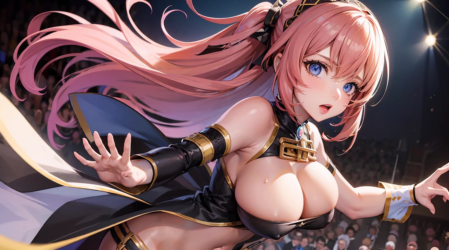 (best quality:1.1), (masterpiece:1.2), (1girl:1.2), (solo), (mature female), big breast, volcalist, long pink hair, singing, concert, crowd, on stage, intense spotlight, (detailed eyes:1.2),