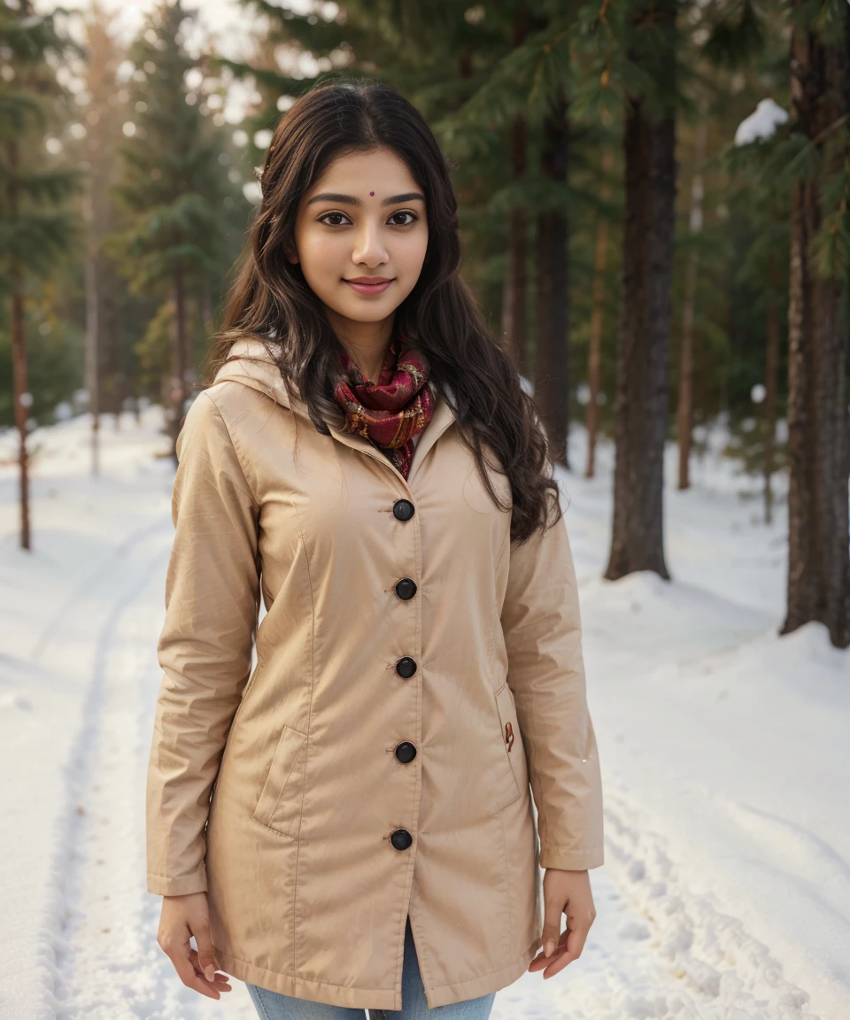 Highly detailed CG Unity 8k wallpaper, best quality, super detailed, masterpiece, realistic, photo realistic, beautiful girl from india very detailed, 25 years old, ready to celebrate Christmas, round eyes, blushing, smiling, lips parted, ( full body shoot: 1.2), warm winter clothes, standing, snow background