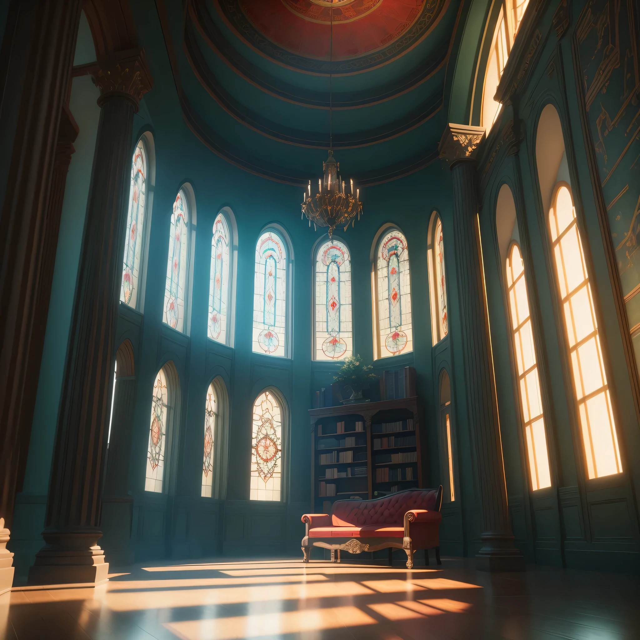 An elegant cylindrical room in dark green and red with stained glass windows and bookshelves encapsulated between columns on the wall, Uma rosa dos ventos,a large round tapestry in the center in fabulous dark green fabric, Cortinas Vermelhas, fantastic furniture and a Christmas tree, a light blue ceiling that resembles a clear sky. vivid colors, volumetric light, cinemactic, global ilumination, intrincado, incrivelmente detalhado, ultra-realistic, Rastreamento de vray,Motor irreal, UHD,HDR, 16k