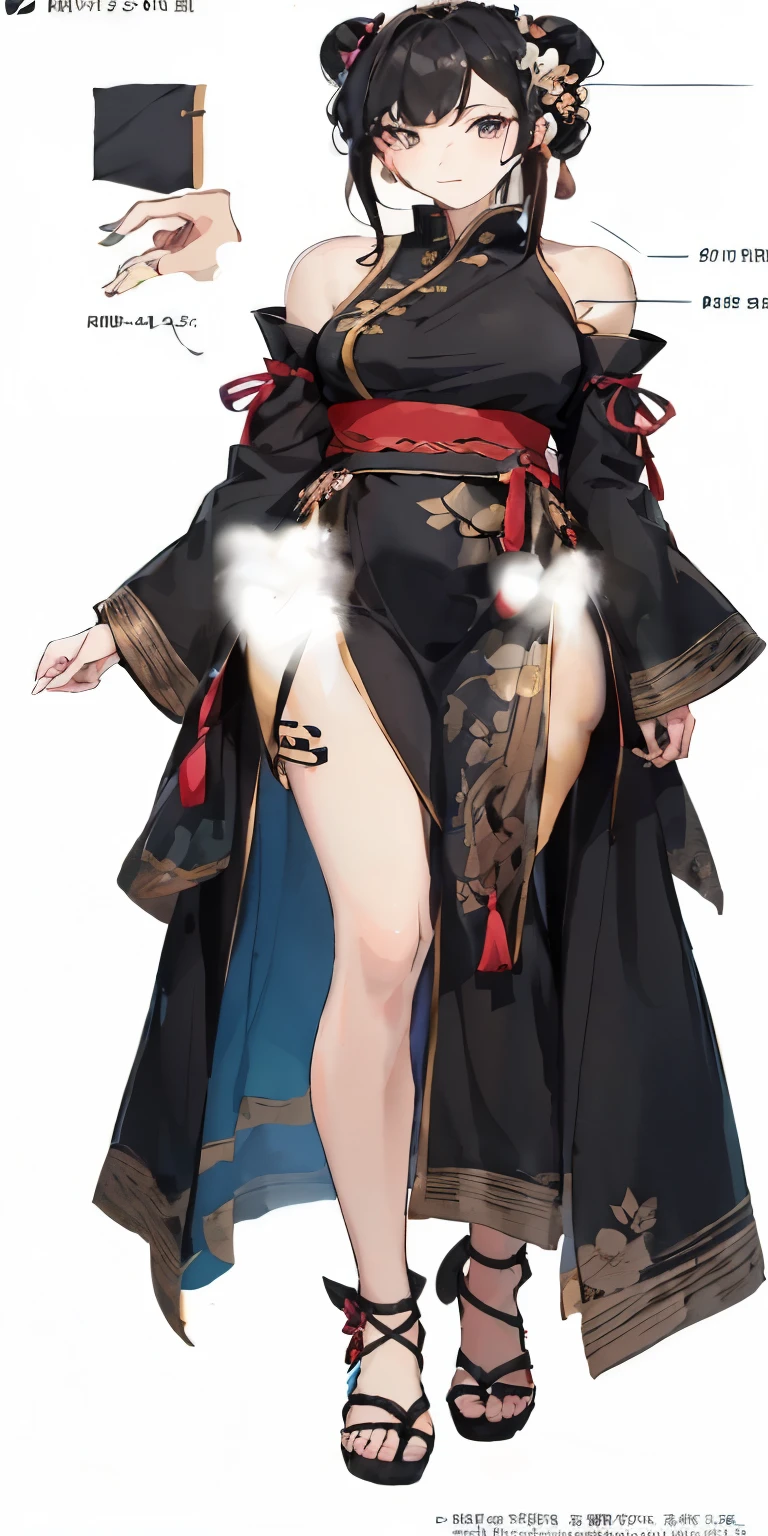 Fine details of a woman wearing a black dress. Girl Front, Flowing magic robes, 动漫女人Full-body art, floating robess, Clothing that exposes, floating robes, anime figure; Full-body art，same，frontage。Lateral face，on  back。Three View
