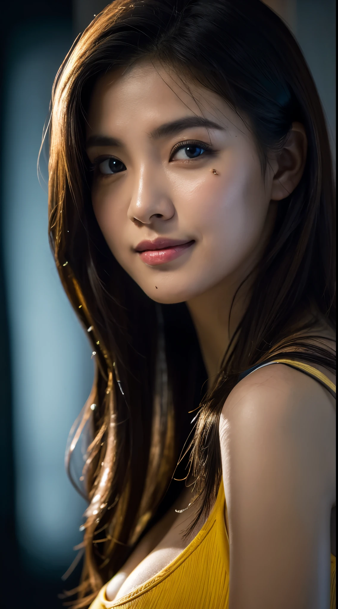 highest quality, epic realistic, ((in the pitch black darkness :1.4)), ((portrait:1.5)),(background: dark ) high contrast ,glorious picture, lowest lux, lighting face, she's comfortable, wearing nothing, , looks incredible, (8k, Raw photo, Highest quality),(epic realistic:1.5), a woman, face,(detailed eyes:0.8),(looking at the camera:1.4), (Highest quality), ( high contrast, deep shadows),Intricate details,cinematic,((skin:1.4)), (long dark hair:1.3), long hair, messy ,(Hdr:1.5),Detailed, colors, Superior quality, Masterpiece, Raw Photo (20-year-old, looking at viewer), beautiful, (wearing plain yellow shirt,), perfect, natural, perfect composition, portrait, perfect face, smiling expression, Captivating eyes, Bright details, Tight lips, (High Skin Detail),, (blue tint: 0.6), (sale: 0.8), (bloody: 0.7), Key lighting , (backlight: 0.5), Medium depth of field, Canon 5d, 50mm lens, f/4 apertures, (Ultra-detailed, Complex detail), sharp focus, soft colors, 8k, Absurd, 80mm, bokeh background, photography, smiling, pinay, filipina, large boobs, neon lights background