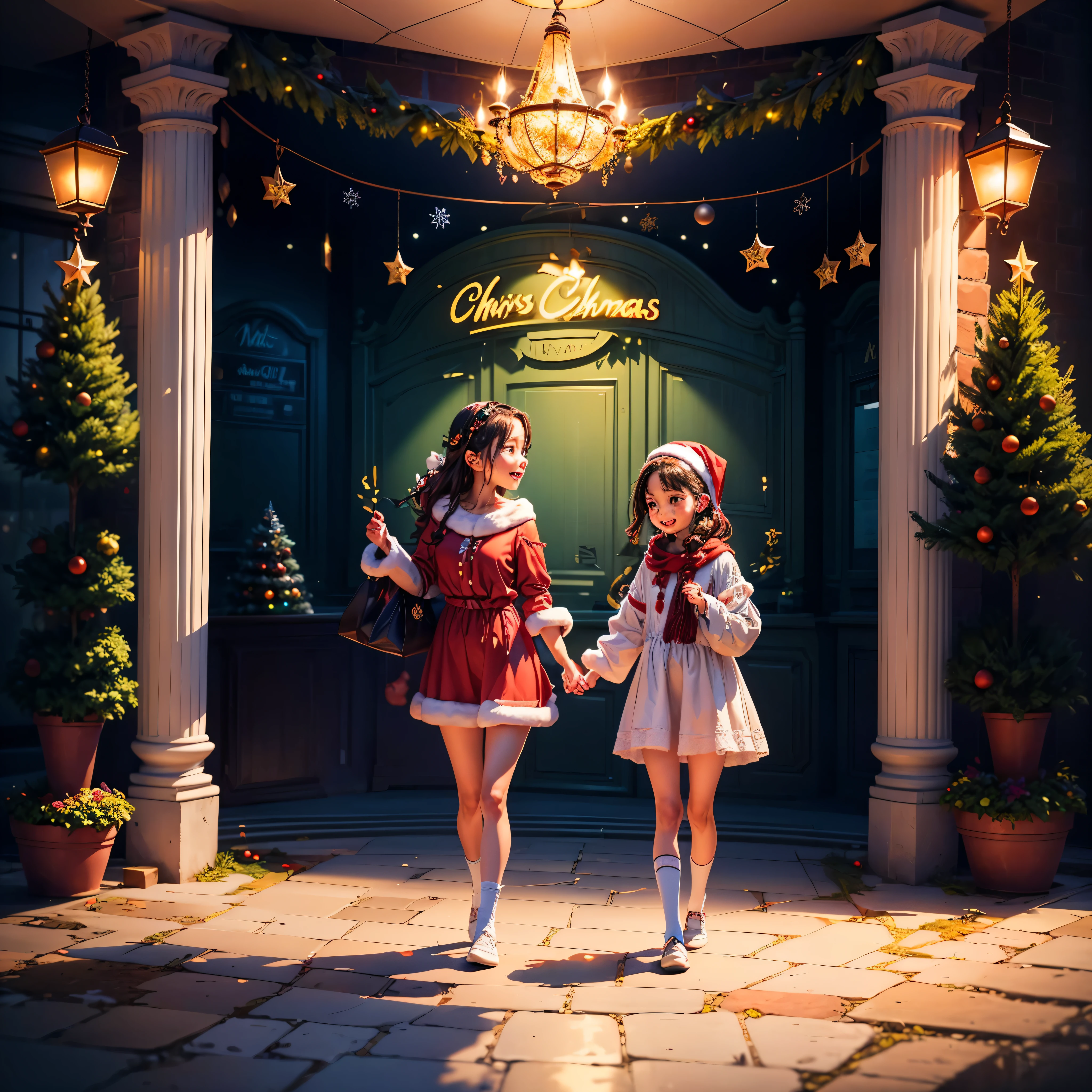 (((Vector illustration style))),Vibrant colors, magical ambiance, Whimsical, Sparkling, Fantasy Christmas World,vibrant with colors, vivd colour, Magical atmosphere, Whimsical, Sparkling,Fantasy Christmas World,Inside the Christmas mall,The huge Christmas tree hung with lights、pompon、Christmas socks,Christmas pendants,Piles of gifts placed under the tree。A young couple and a child admire the Christmas decorations in the mall,Surrounded by performers in Santa Claus costumes and Santa Claus statues。The Christmas mall like a fairy tale world,full of magic, (Ghibli-like colours, pov, first-person view, UHD, masterpiece, ccurate, anatomically correct, super detail, high details, high quality, award winning, best quality, 8k)