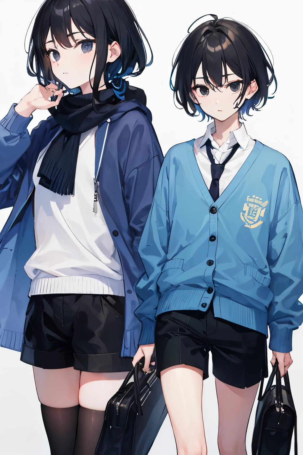 A black hair ignorant boy,black eyes,with a blue cardigan sweater and long black shorts, age 15