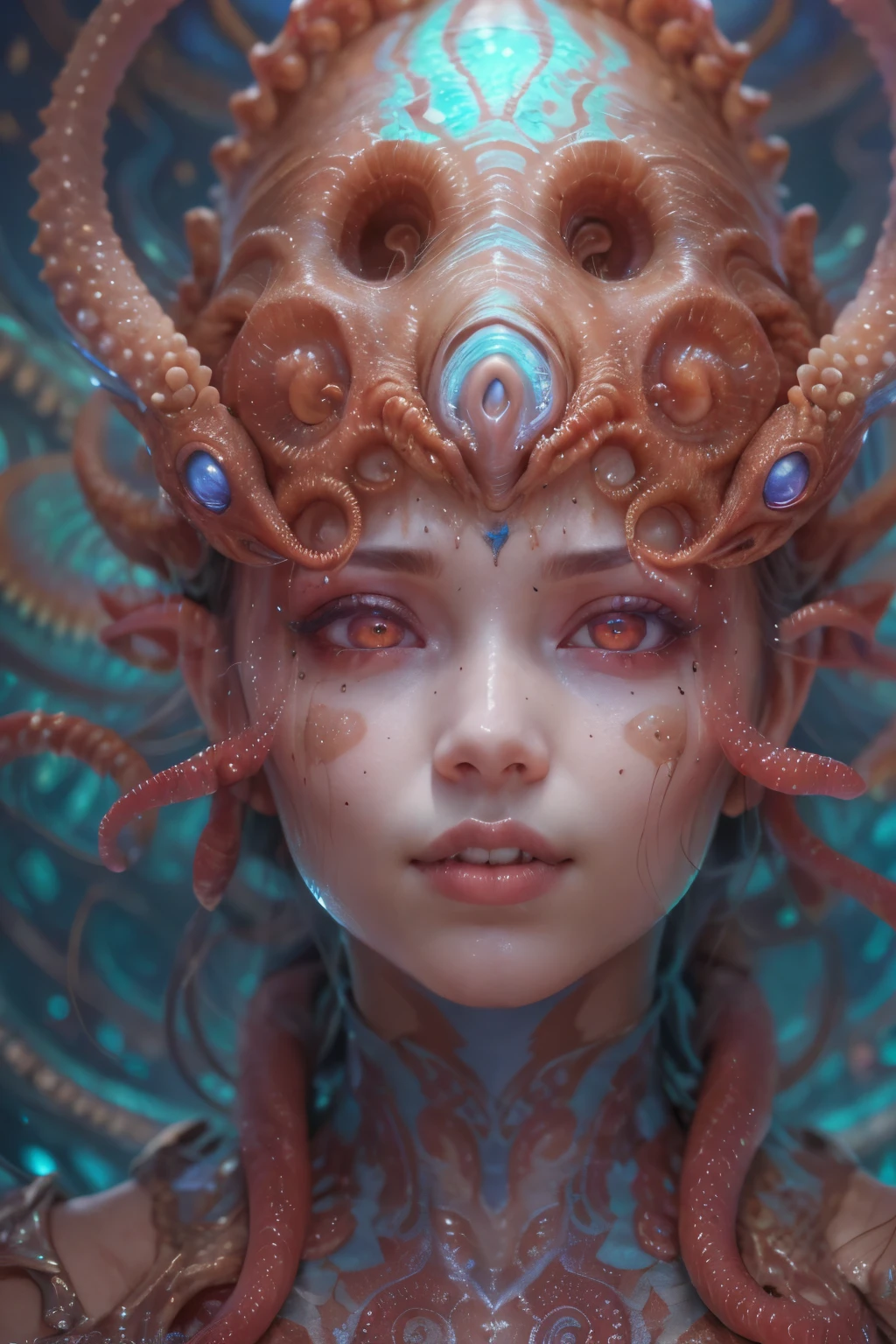 Portrait, (beautiful female alien:1.2), (There is a female genital-like organ in the middle of the forehead.:1.8), (The most beautiful face in the history of the universe:1.2), (Glowing scarlet eyes:1.6), (Translucent pale skin:1.8), an evil gaze that seduces , (red eyes:1.5), Full body like, (Sexypose:1.5), alien, No humans, cells are fused, (Lots of translucent Blue tentacles:1.1), extraterrestrial, cell, bio image, (zenTangle, mandalas, Tangle, enTangle:0.98),(Fractal Art:0.9)(fluttered detailed color splashes:1.1),(marbling:1.1), (Vulgarity:1.15), (Sexy:1.4), sweet breath, a sultry, ((Ecstasy:1.6)), Best Quality, 8K,4K_quality, High Definition, Dramatic Lighting, masutepiece:1.5,cinematic quality, detail up, (Intricate details:1.2), High resolution, High Definition, drawing faithfully, (Thick eyebrows:1.2), Beautiful eyes with fine symmetry, (Highly detailed face and eyes:1.2), (High-resolution red-eye:1.4), Intimate face, (Super detailed skin quality feeling:1.4), Perfect Anatomy, (Beautiful toned body:1.5), (Moist skin:1.2), No makeup, (dark circles:1.1), long canines, cinematic drawing of characters, ultra high quality model, cinematic quality, detail up, (Intricate details:1.2), High resolution, High Definition, drawing faithfully, Official art, Unity 8K wall , 8K Portrait, Best Quality, Very High resolution, ultra detailed artistic photography, midnight aura, unreal enginee 5, Ultra Sharp Focus, art by alberto seveso, ArtGerm, Roisch, intricate artwork, Medusa, best quality, masutepiece, ultra High resolution, (photos realistic:1.4), Ultra-realistic realism, dream-like, nautilus, Creation of fantasy, Snail, Dream Snail, (biopunk nautilus:1.4), Thrilling color schemes, Ultra-realistic realism, seductively smiling, Blue tentacles